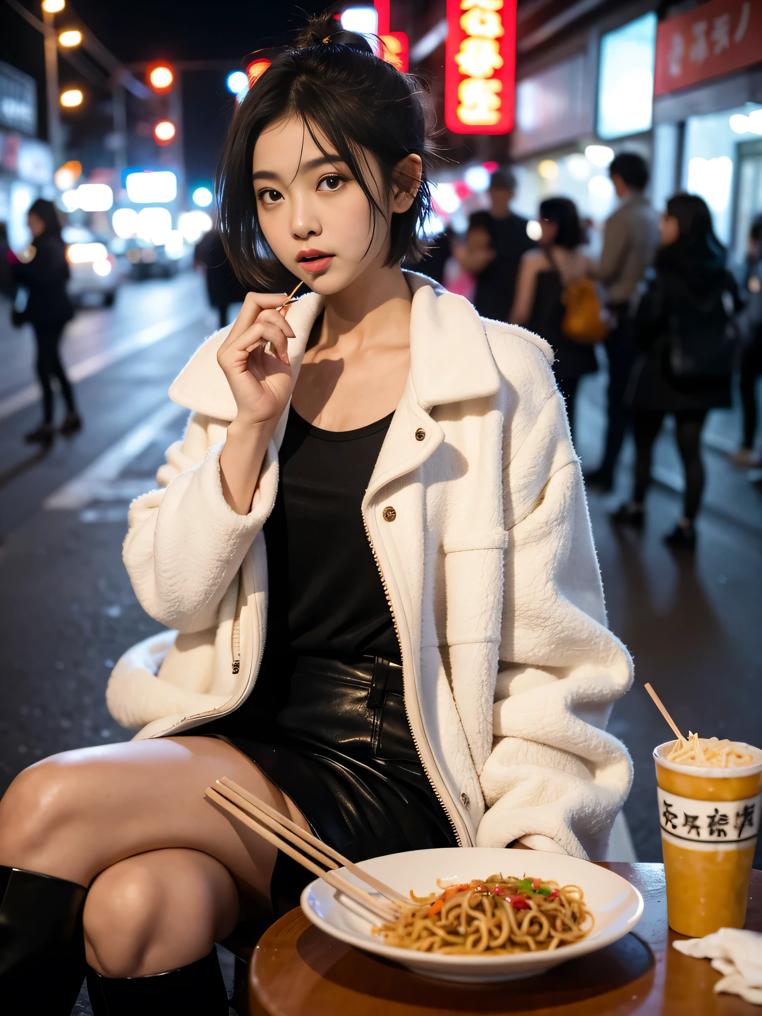 1 girl, Idol,blurry face, photograph, Depth of written boundary, skin texture , short hair, messy hair,White thick coat, On the street in the middle of the night, sit, Eating yakisoba with chopsticks