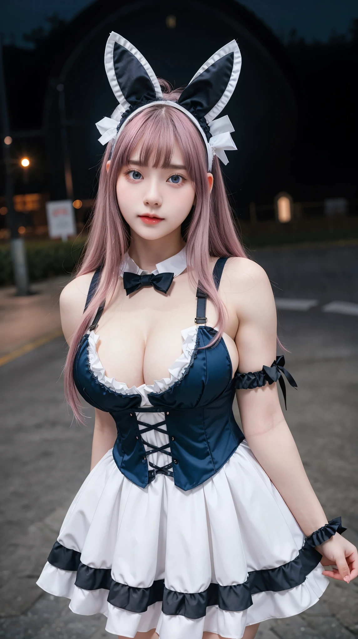 Gorgeus Girl, Beautiful, , 20 Years Old, White Skin, Colossal Breasts, Side Pose, Dark Black Gothic Straps, White Gothic Outfit Costumes Halloween, Blue Eye, Bunny Headband Muscles, Bokeh, Modern Place Background, Masterpiece, Fullbody Shot, Straight Pink Hair