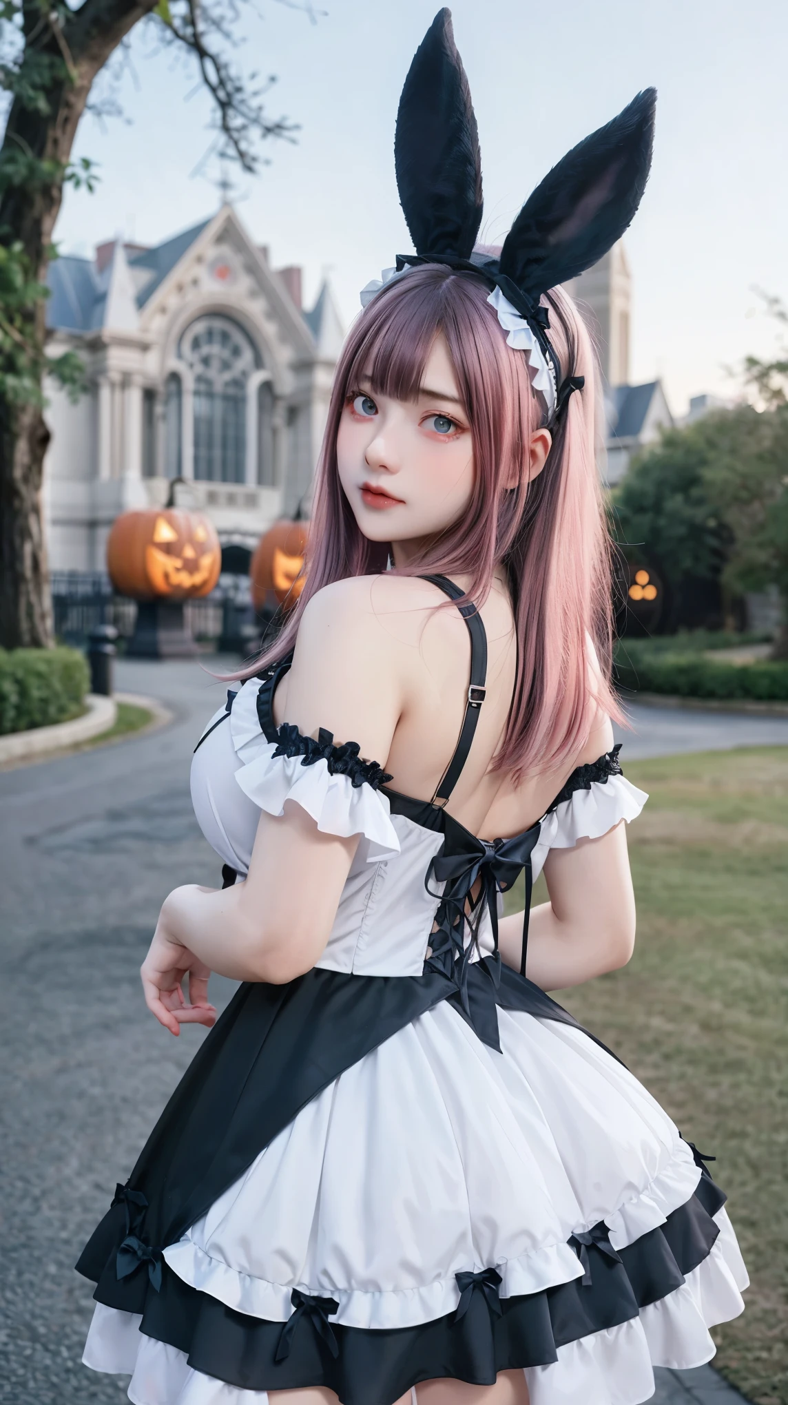 Gorgeus Girl, Beautiful, Baby Face, 20 Years Old, White Skin, Colossal Breasts, Side Pose, Gothic Straps, White Gothic Outfit Costumes Halloween, Blue Eye, Muscles, Bokeh, Modern Place Background, Masterpiece, Fullbody Shot, Straight Pink Hair