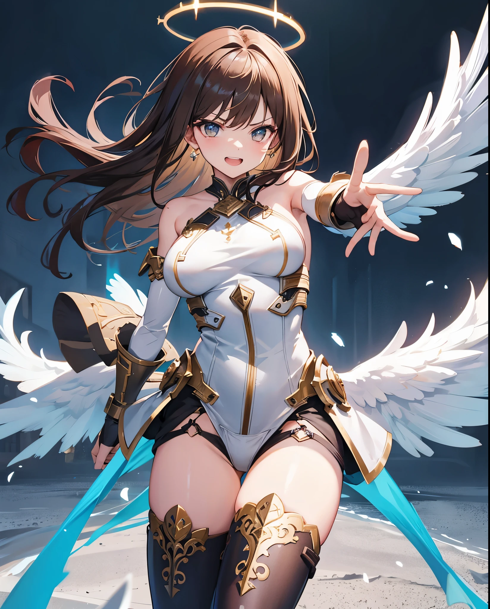 fantasy, 1angel_girl,, ,brown_hair, medium_bob_hair, long_bangs, halo,bare_shoulder,thighhighs,silver_armor, waist_armor, large_breasts,angry,grinning,open_mouth_teeth, 1pair_wings, dynamic_pose_fighting,floating, bare_crotch, headgear,gauntlet, greaves,city_sky_background,slightly_spread_legs, solo, groin_naked,