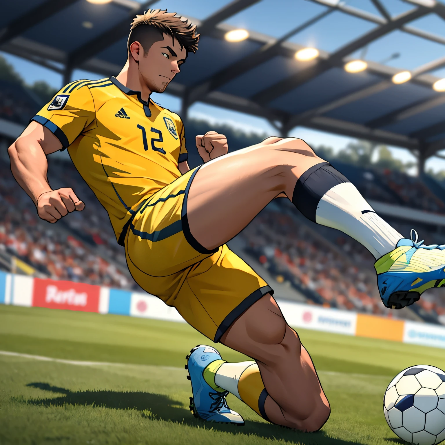 Title: Introducing Our New Soccer ClubStar - Johnson!

[Image: A high-resolution (1.2), 4k, 8K image of a male soccer player in action, wearing a soccer uniform with the number 10 on the back. He is shown in a dynamic pose, with one foot planted firmly on the ground and body angled towards the ball, as if about to kick. His eyes are focused intently on the ball, bringing out a sense of determination and passion.]

Subtitle: Welcome John to Our Soccer Family!

[Image: A side-by-side comparison of Johnson with the team's jersey and crest, displaying his name