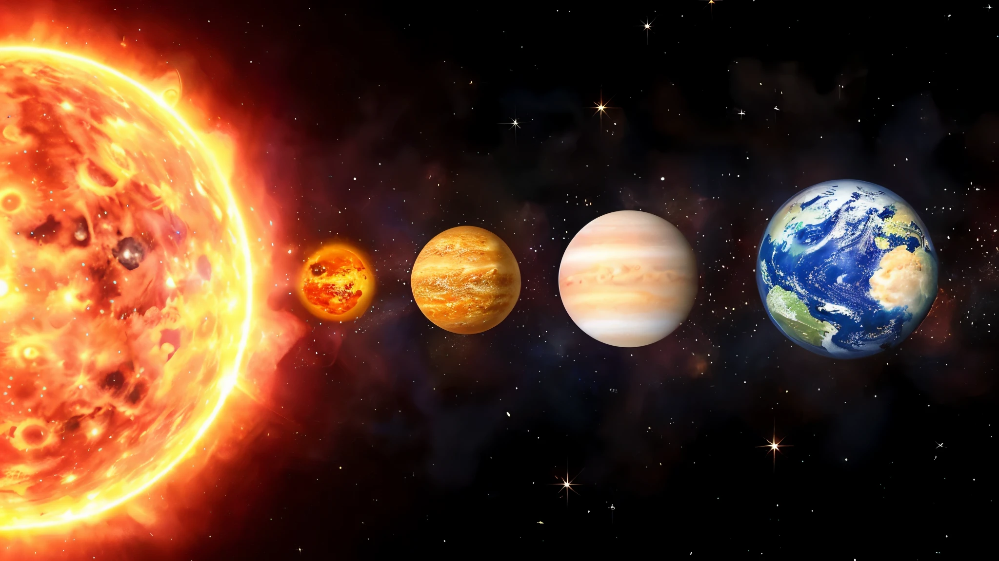 a close up of a sun and planets in a star field, large planets in the background, planets in the background, planets align, solar system, planets, planets and stars, planets and galaxies, planets behind, five planets, planets in the sky, planets in the skies, planets on the background, covered solar system, stars and planets, standing in the solar system, very realistic image, 16k resolution,