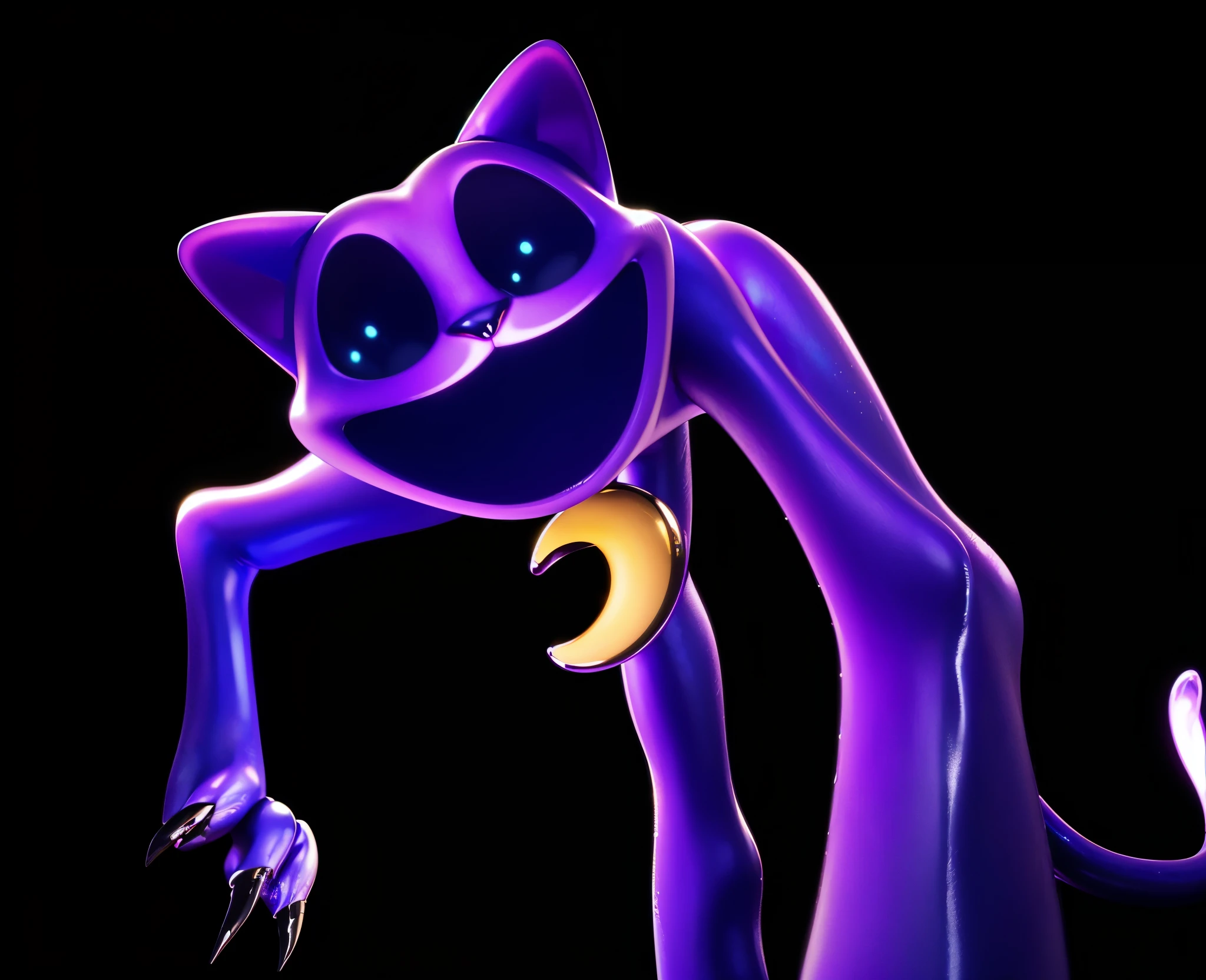 a close up of a creepy 3d cartoon cat with a tail, purple cat, nightmare render, with glowing dark eyes, mew, elokitty, cat from the void, anthropomorphic cat, sanic, purple glowing eyes, cheshire cat, evil.,  close up of a 3d glossy cartoon cat, purple cat toy, glossy texture, smooth 3d model, multiple light sources, rim light, sharp post effects render, (glossy metallic texture with multiple big light probe refractions), perfect cgi, anthropomorphic cat, digital art, detailed digital art, reflective, best quality, 4k, masterpiece:1.2, ultra-detailed, realistic, vivid colors, dark and moody lighting, The image of the highest quality, ensuring every detail showcased perfectly. It in 4k resolution, allowing viewers to immerse themselves in the richness of the colors and intricate details. The realistic rendering. under the spotlight, reflecting, high-resolution image, realistic rendering, dark background, and rim light
