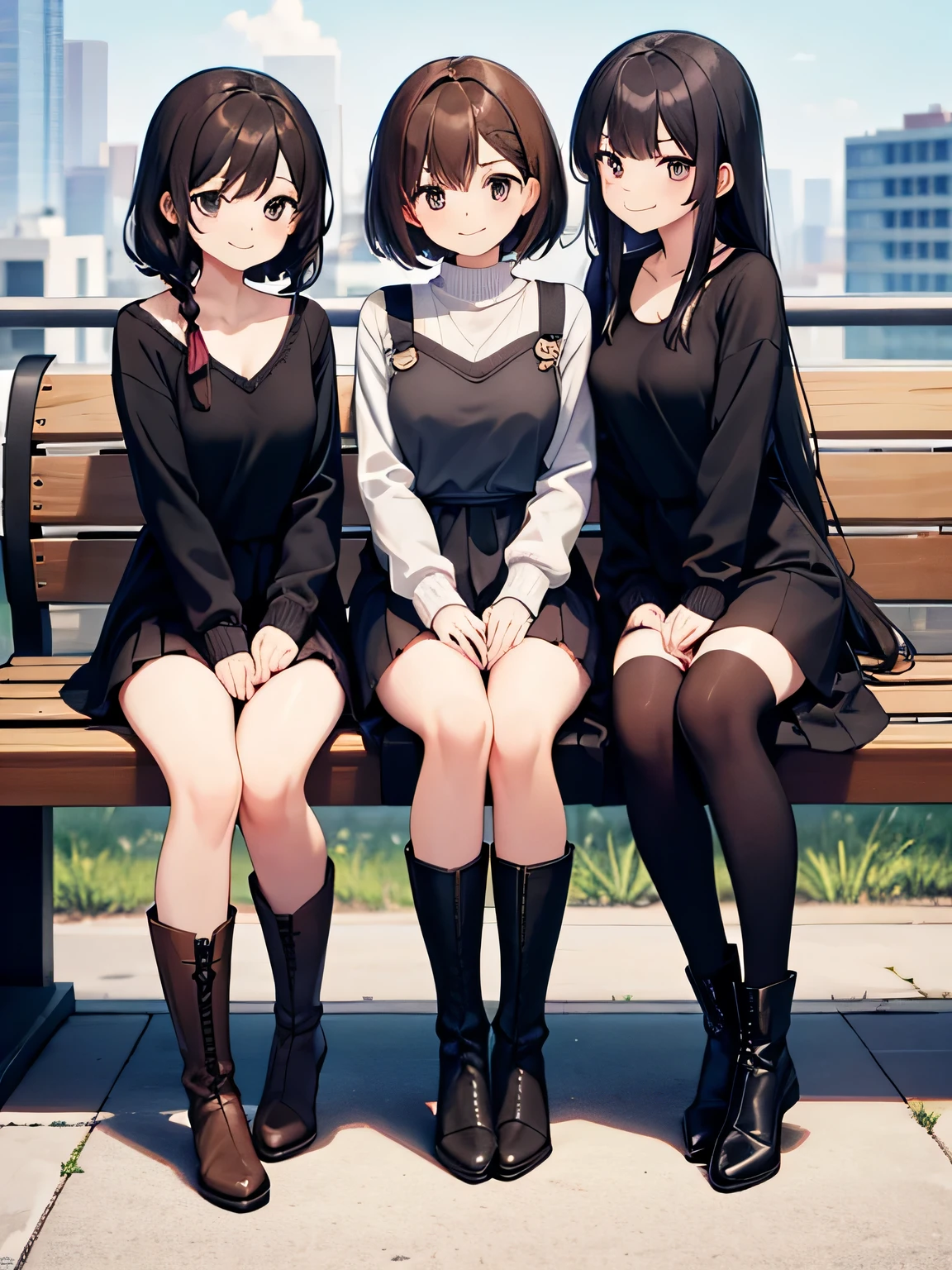 (1) three women sitting side by side on a sofa.
(2) The first woman has medium brown hair.、I'm wearing a V-neck knit。, Mini skirt and long boots.
(3) The second woman has short black hair.、She is wearing a turtle knit dress and long boots.。.
(4) The third woman has long black hair.、I'm wearing a turtle knit dress。, long skirt, and short boots.
(5) All three are smiling.
(6) The location is a bench on the roof of a building..