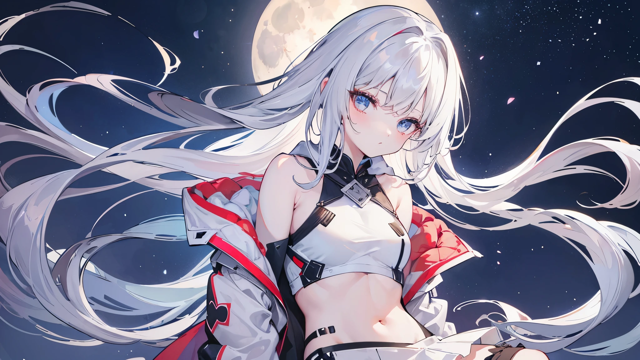night,full_moon,masterpiece,best quality,masterpiece,best quality,official art,extremely detailed CG unity 8k wallpaper,strong rim light,hair over shoulder,white hair,crop top,bare_shoulders,sleeveless shirt,bare_legs,pout,detached_sleeves,miniskirt,bishoujo,hoodie,brown cardigan