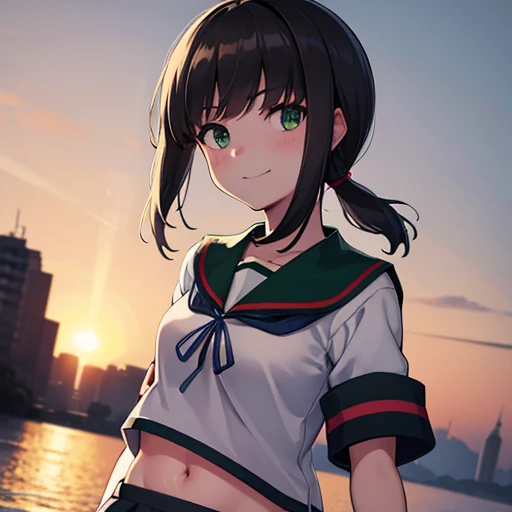 best green eyes,belly button,belly, (masterpiece, best quality:1.2),illustration,8k,hd,1girl,solo,upper body,(portrait:1.2),black_hair,short_ponytail,white serafuku,sidelocks,low_ponytail,green_eyes,smile,black_eyes,school_uniform,pleated_skirt,skirt,

