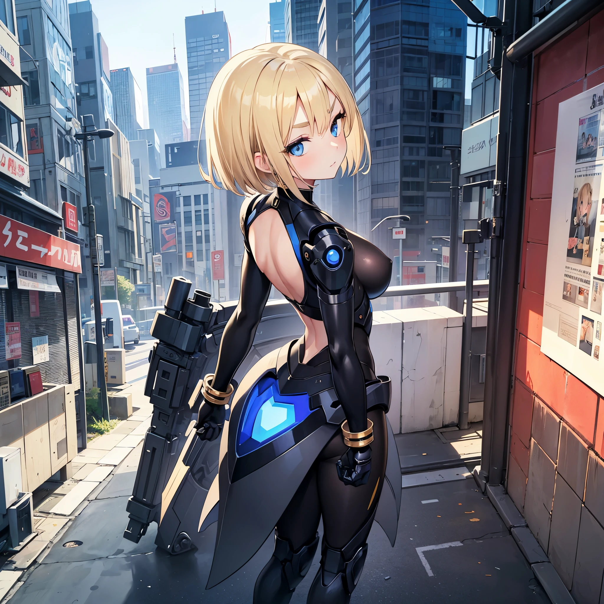 anime blonde girl with her back looking back, with short hair, blue eyes, dark eyebrows, robot style suits black with blue details, , tall girl, akihabara background, girl with medium breasts, full body photo, Golden bracelet, black boots