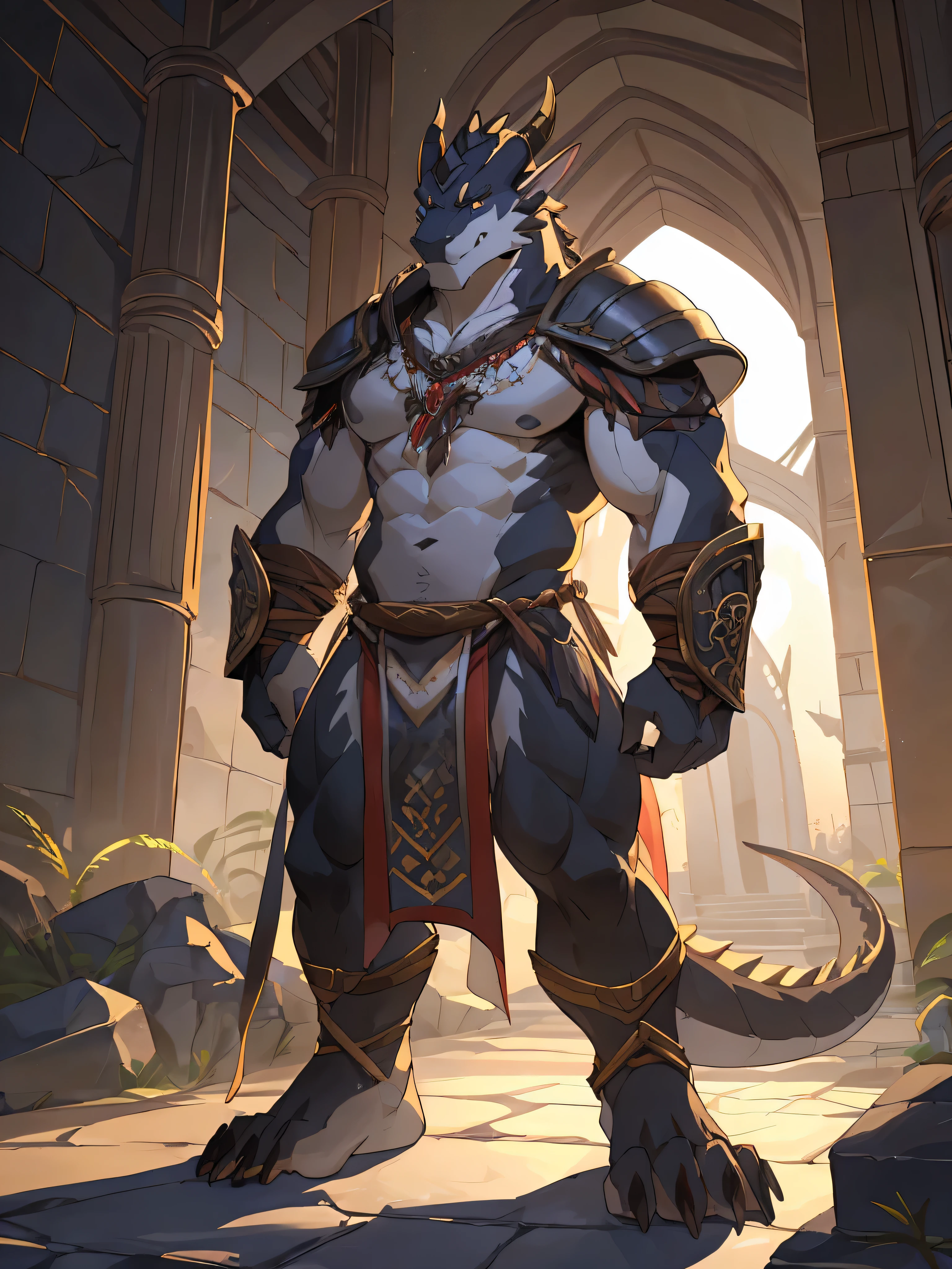 (author：Zephyros)Uploaded to E621, (Male human dragon), Everlasting, alone, muscle, Detailed scale texture, old castle, (battlefield), (tribal clothing, ((long loincloth))), (pauldron, Leg nails), dark skin，white belly，black dragon horns，black elf ears，black body,  dawn, shadow, dark environment, (The art of Chu Ni, (To Drakes), ((rajsha)), (kantanagamoli)), (Front view), looking happy, [simple background], Detailed students, masterpiece art, Caustics, edge lighting, Single light source, 锐利的shadow, alone portrait, (Numeric level, toe claws), (cannon), author：Inessa Garmash, Greg Rutkoski, Pinodney, ruan jia