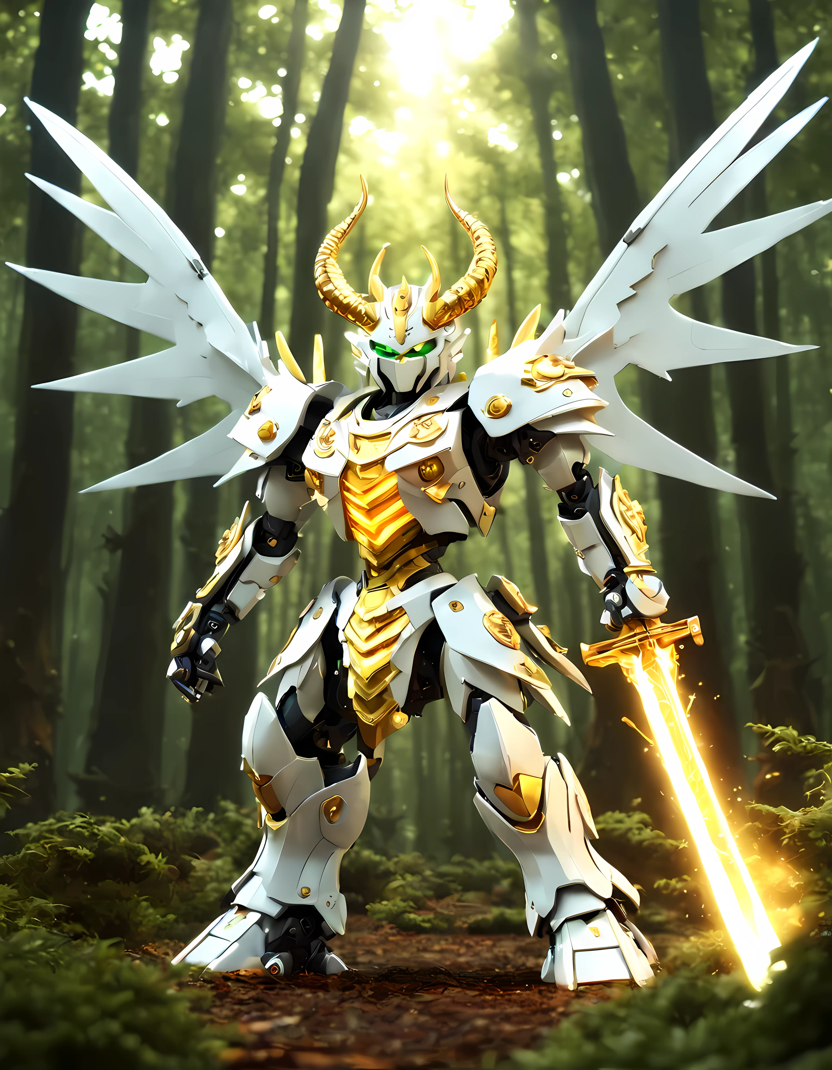 (Cute cartoon style:1.4), (symmetrical full body shot:1.4), masterpiece in maximum 16K resolution, colossal metallic majestic ([samurai: dragon mech: 0.4]) (((flying))) in front of a magical portal amidst a fantasy forest. | ((Wielding a colossal katana crackling with electric energy)). | (Horns, wide wings emanating white energy). | (Golden intricate mechanical parts). | ((More_Detail))
