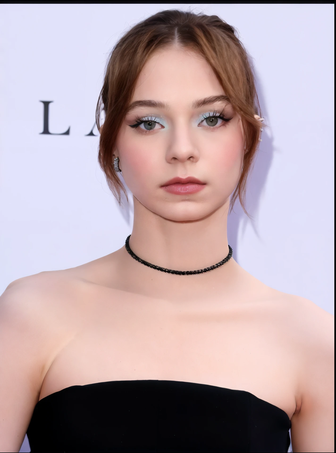 Girl Age 13, Model Date ,Age 13 ,European nationality , Celebrity red carpet event,blonde hair ,half body ,White open-chested dress,random girl, 4K, gray eyes, white skin, Spotlight shining on the face, small breasts, , Smooth bob,