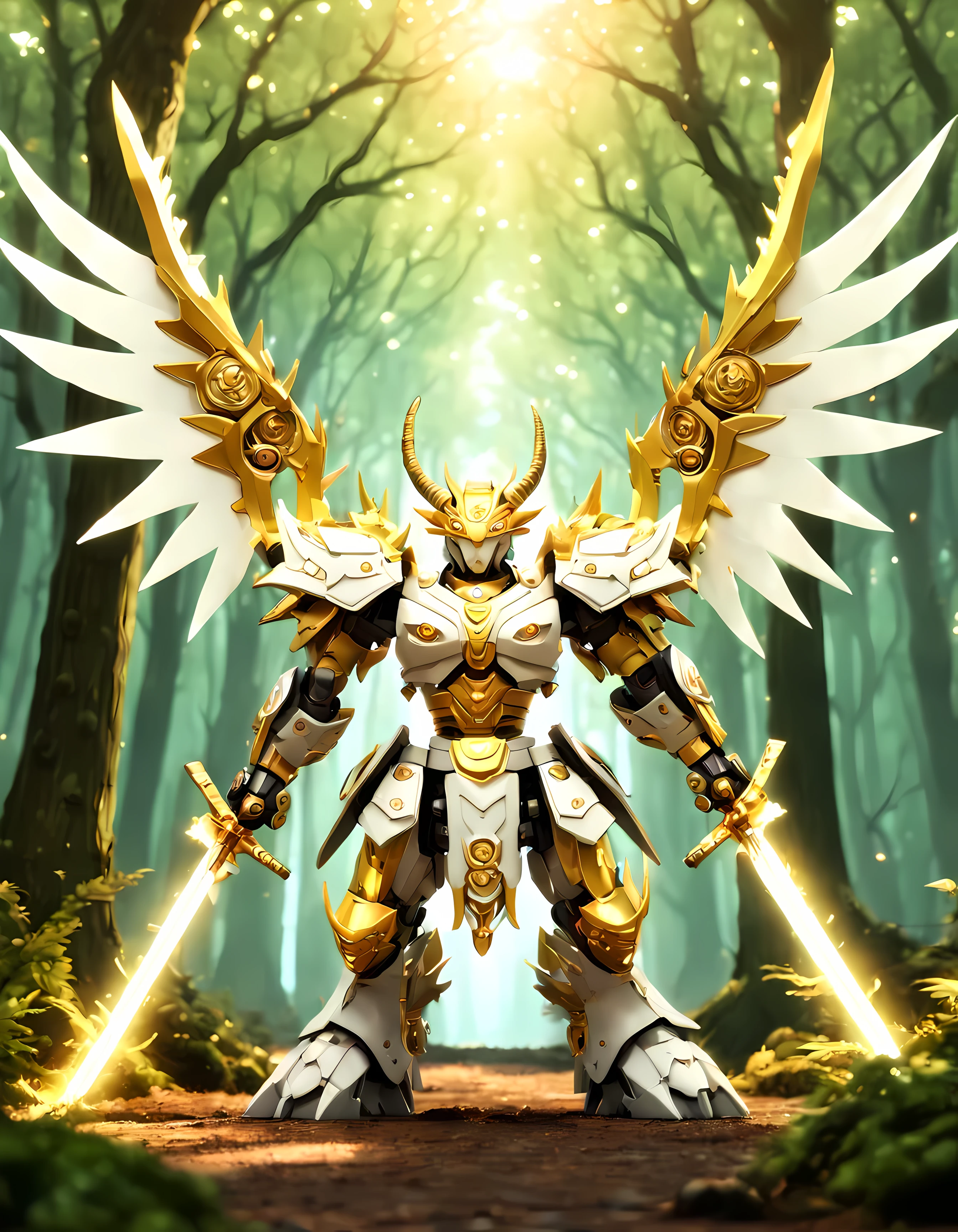 (Cute cartoon style:1.4), (symmetrical full body shot:1.4), masterpiece in maximum 16K resolution, colossal metallic majestic ([samurai: dragon mech: 0.4]) (((flying))) in front of a magical portal amidst a fantasy forest. | ((Wielding a colossal katana crackling with electric energy)). | (Horns, wide wings emanating white energy). | (Golden intricate mechanical parts). | ((More_Detail))