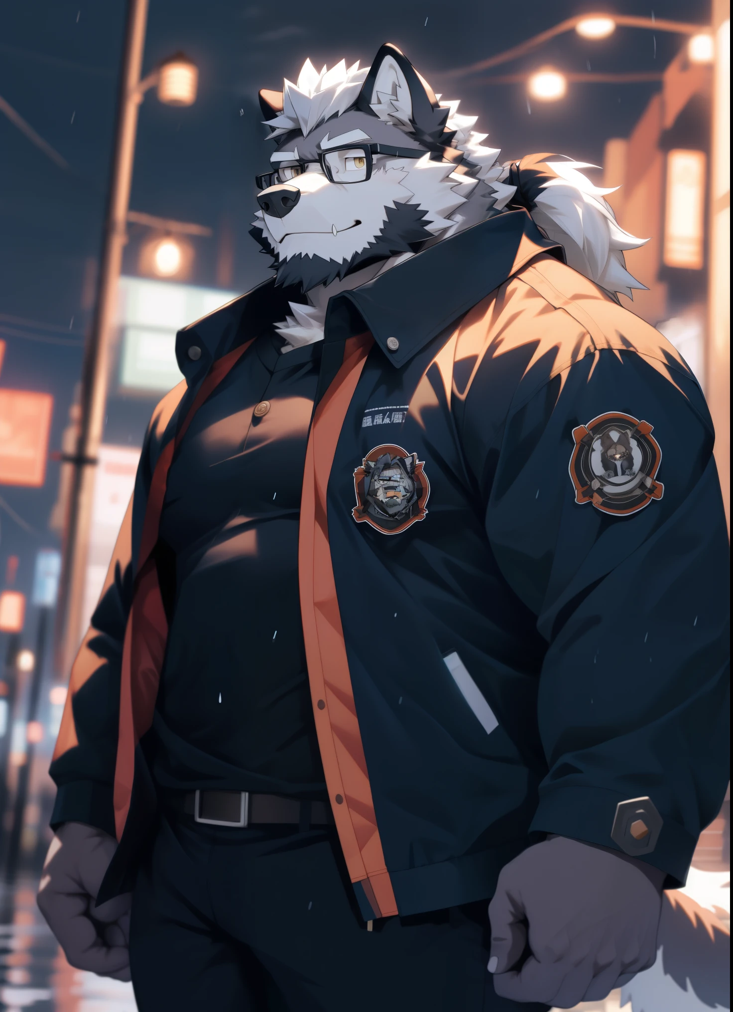 hairy，（（Wolf，Black-rimmed glasses，Orange firefighter jacket）），beard，Hair is a long ponytail，long tail，white fur，male，Common，full-body shot，dynamic poses，smirk，rainy day，night，dark night，Detailed background，极其lifelike阴影，masterpiece，Very detailed，lifelike