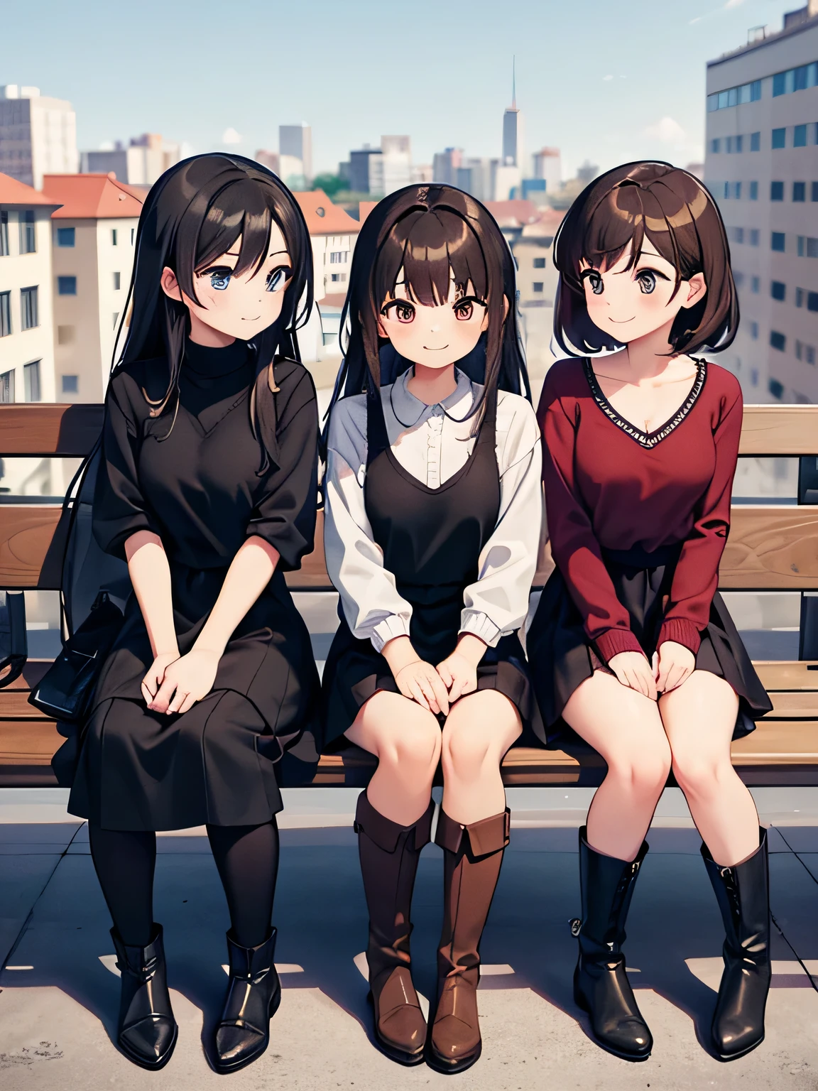 (1) three women sitting side by side on a sofa.
(2) The first woman has medium brown hair.、I'm wearing a V-neck knit。, Mini skirt and long boots.
(3) The second woman has short black hair.、She is wearing a turtle knit dress and long boots.。.
(4) The third woman has long black hair.、I'm wearing a turtle knit dress。, long skirt, and short boots.
(5) All three are smiling.
(6) The location is a bench on the roof of a building..
