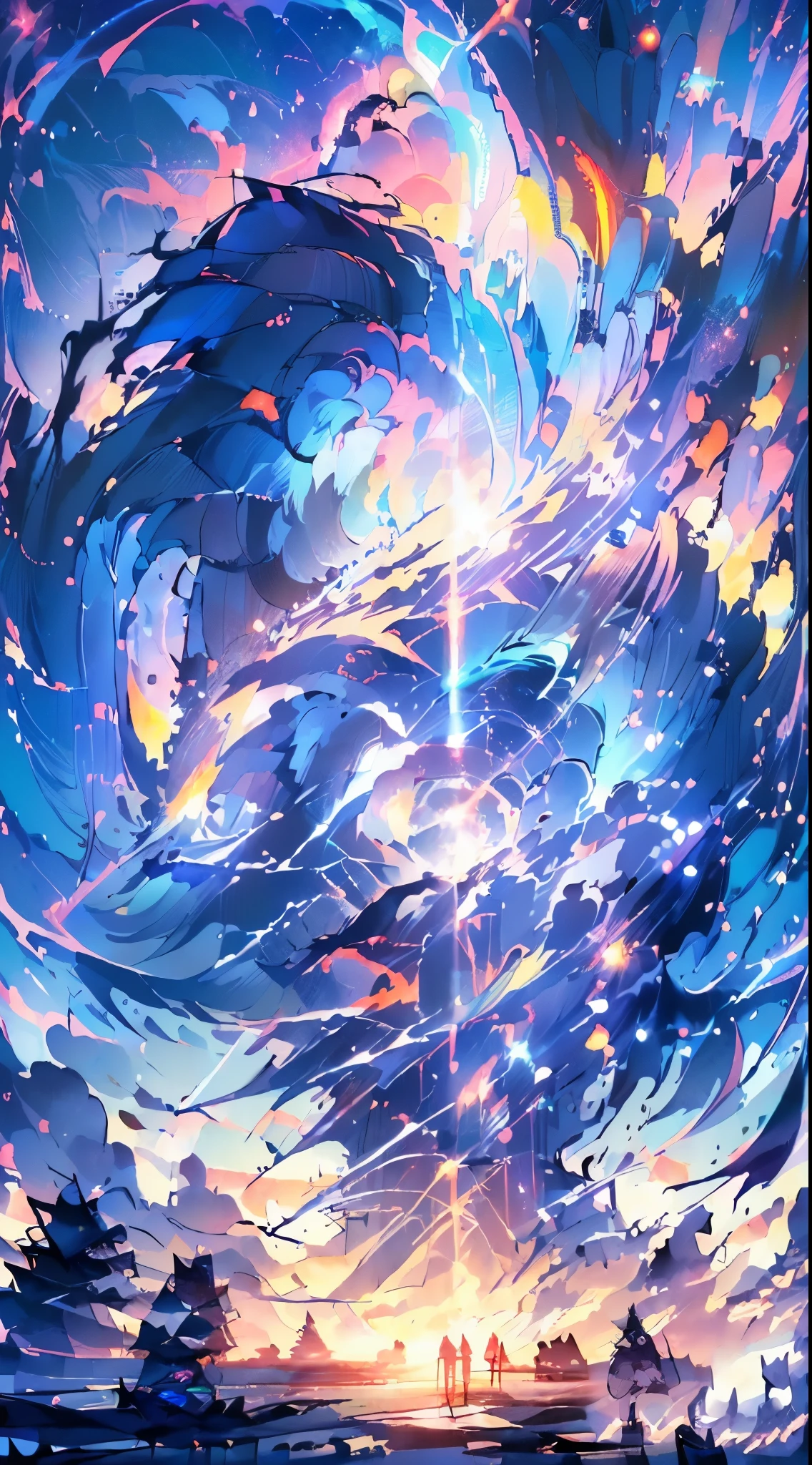 ((1girl, fox girl, kitsune girl, fox ears, animal ear fluff, fox tail, fluffy fox tail, large fox tail, nine fox tails, kyuubi, (tails attached to body), long hair, wavy hair, messy hair, ponytail, neon blue eyes, starry eyes, light smile, parted lips, blonde hair, hoodie sweatshirt, sweatpants, modestly dressed, pants fully cover legs, sneakers, cute, beautiful, athletic, perfect fingers, well-formed fingers, high detail, romanticism, film lighting, ray tracing, motion rye, uhd, high detail, top quality, 8k)), nightsky, starry background, pink and purple sky, milky way,