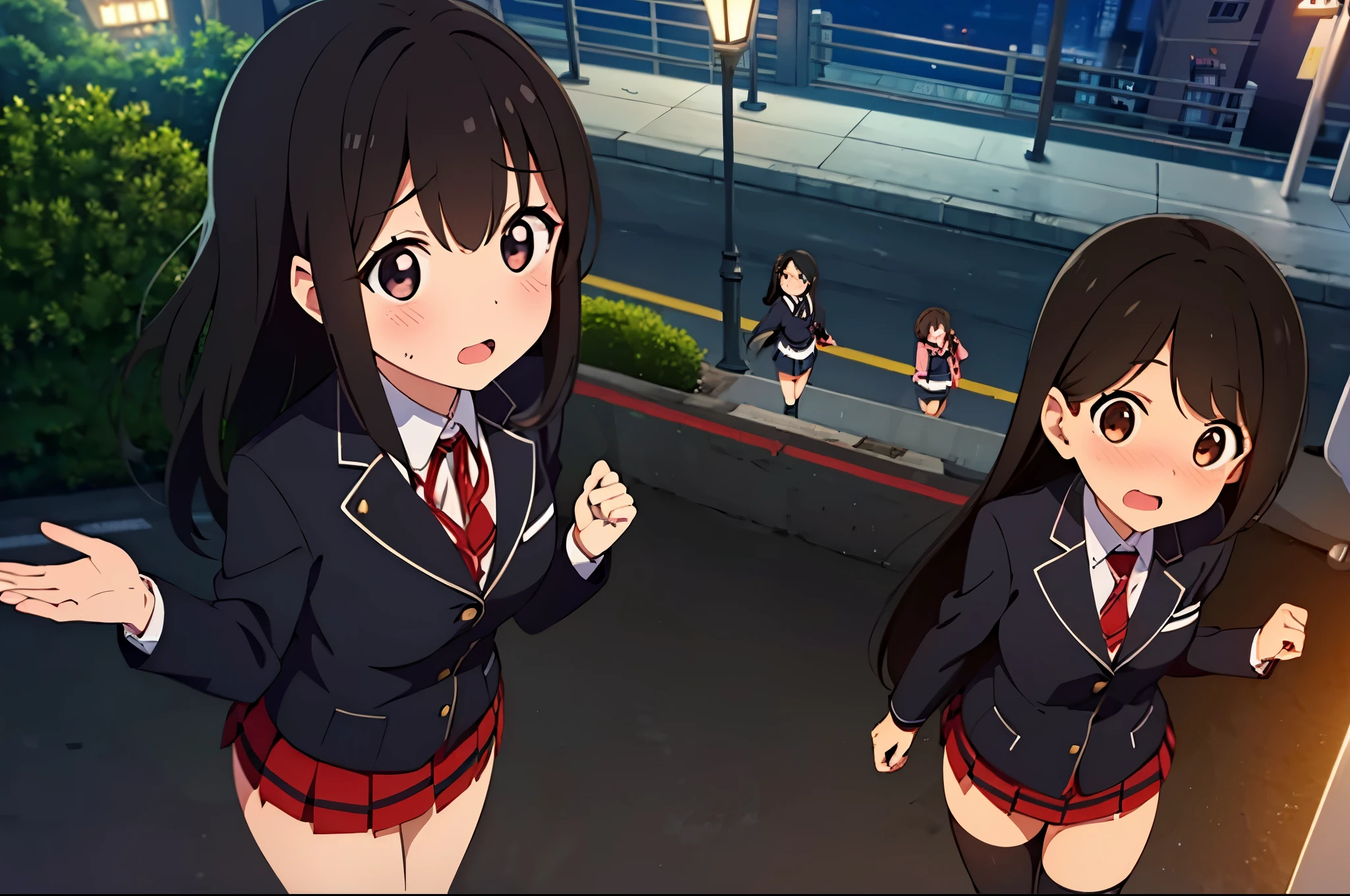 (Three Women:1.5) ,dark brown hair,black hair,(nose blush:1.7) ,surprised,open your mouth,(school uniform),(Panties are fully visible:1.7),(extremely high quality),(red mini skirt),nature,mountain road,(big droopy eyes:1.5),(round eyes:1.5),Shiny legs, thighs,cute face,(From above),tall,night,street light
