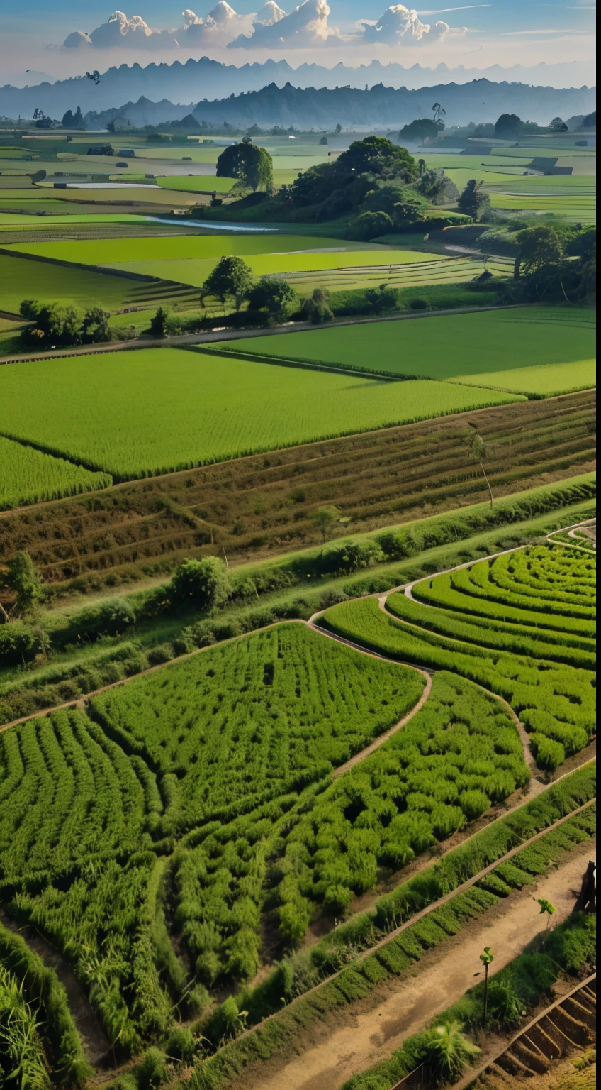 Art work painting, Pemandangan desa hamparan sawah dan pegunungan. 