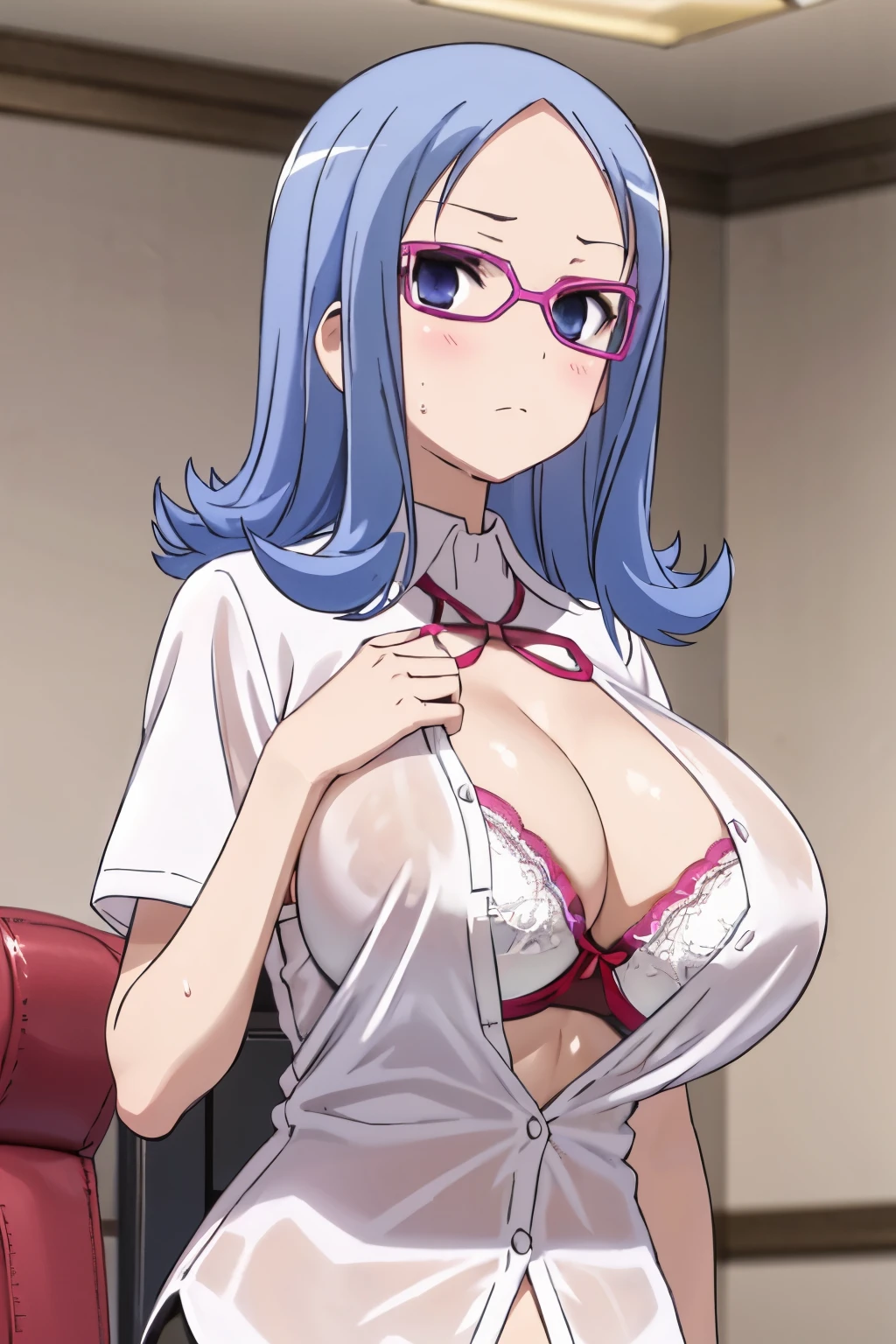 (((pixel perfect, detail perfect))), alone, 1 girl, Kinue Atago, school uniform, looking at the viewer, troubled face,(huge breast),round breast,clothed stripe bra,sweat,wet shirt,(open shirt:1.4),(show off bra:1.4),toned stomach