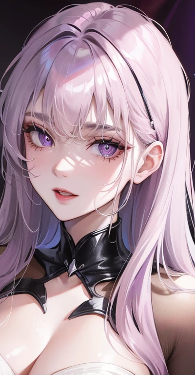 masterpiece, the best, 1 female, mature woman, Woman with long silver hair, pale pink lips, bright purple pupils,sexy woman