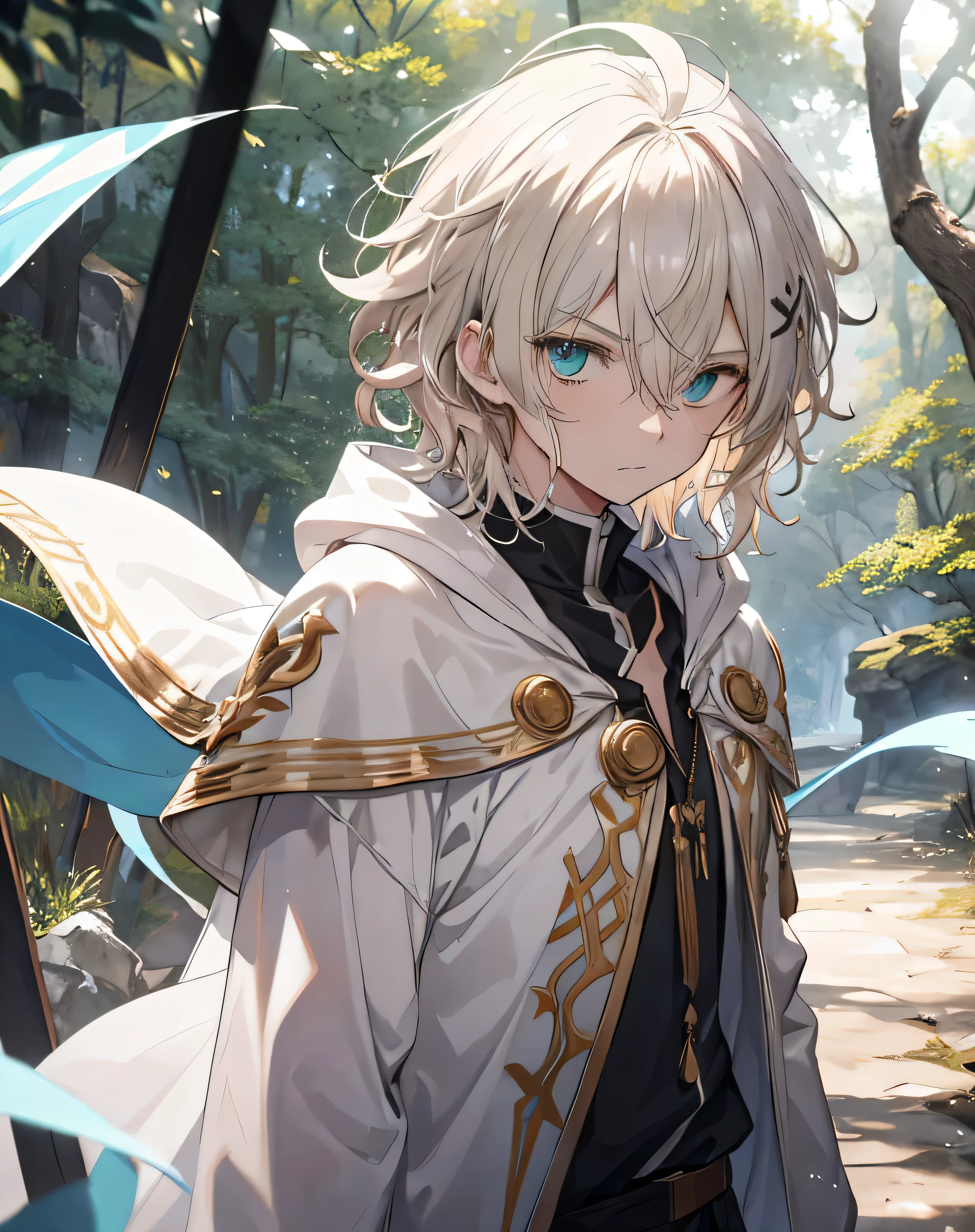 masterpiece, 1men, sparrow, a silver blonde haired men, wearing a medieval villager clothes, curly medium hair, messy hair, slim body, wearing golden capelet with white hoody, he close her left eye, shirt ornament, angry expression,  aqua eyes, stand at forest, ahoge, he wearing her hoody, 