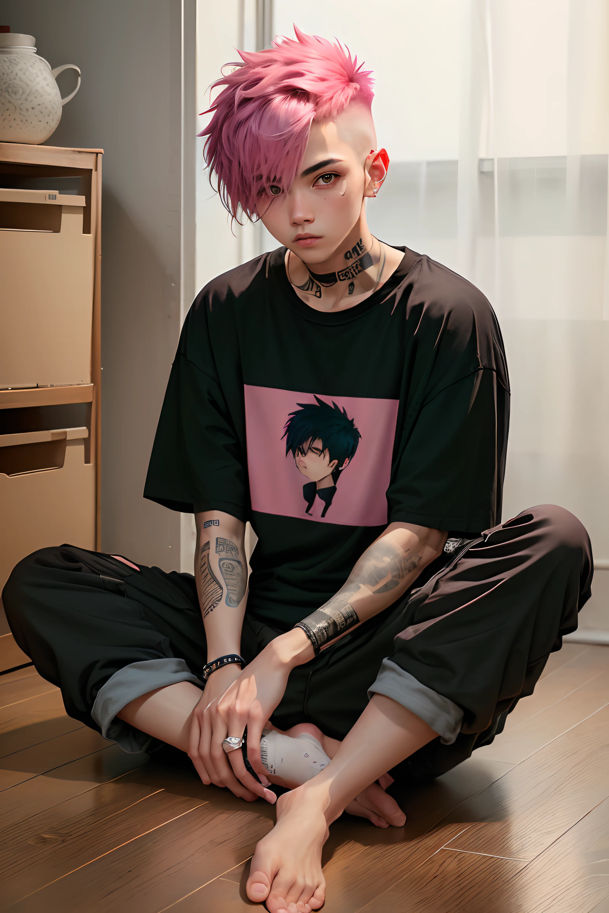 Garoto, Pink Short Messy Fade Haircut, emo, juggling pants, camiseta preta grande grande grande(no print style, simplesmente simples), pose fofa, tatuagem, Postura sentada
