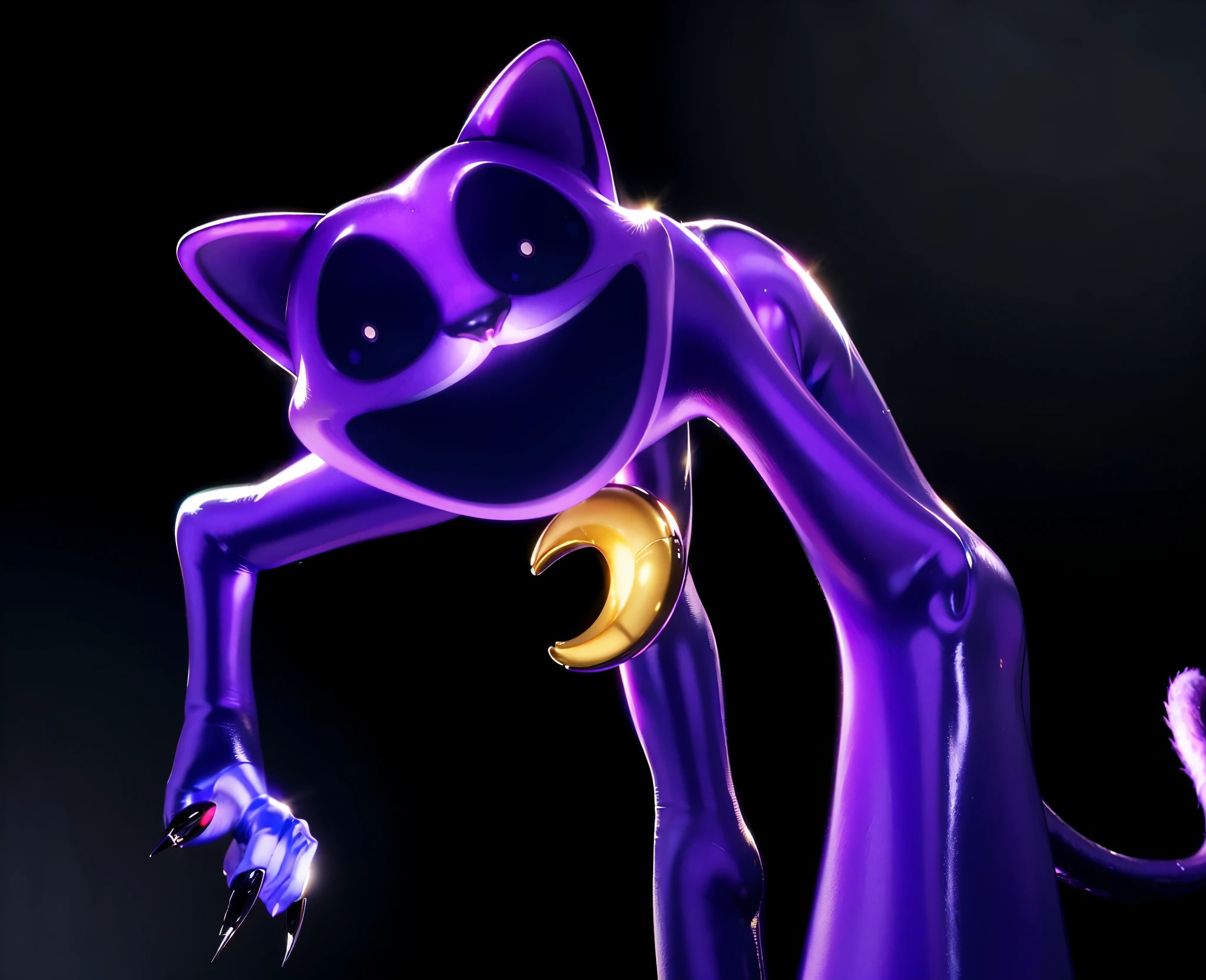 a close up of a creepy 3d cartoon cat with a tail, purple cat, nightmare render, with glowing dark eyes, cat from the void, anthropomorphic cat, purple glowing eyes, cheshire cat, evil., close up of a 3d glossy cartoon cat, purple cat toy, glossy texture, smooth 3d model, multiple light sources, rim light, sharp post effects render, (glossy metallic texture with multiple big light probe refractions), perfect cgi, anthropomorphic cat, digital art, detailed digital art, reflective, best quality, 4k, masterpiece:1.2, ultra-detailed, realistic, vivid colors, dark and moody lighting, The image of the highest quality, ensuring every detail showcased perfectly. It in 4k resolution, allowing viewers to immerse themselves in the richness of the colors and intricate details. The realistic rendering. under the spotlight, reflecting, high-resolution image, realistic rendering, dark background, and rim light