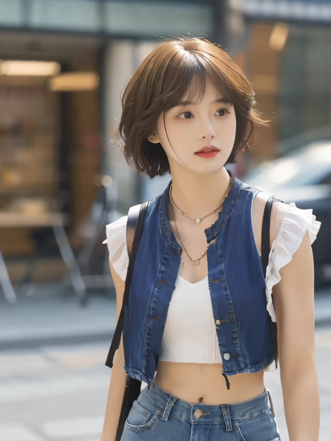 16
(Shorthair:1.3), (a 20 yo woman), (A hyper-realistic), (masutepiece), (8KUHD), Woman in long pants, Small eyes, (Abstract background:1.23)