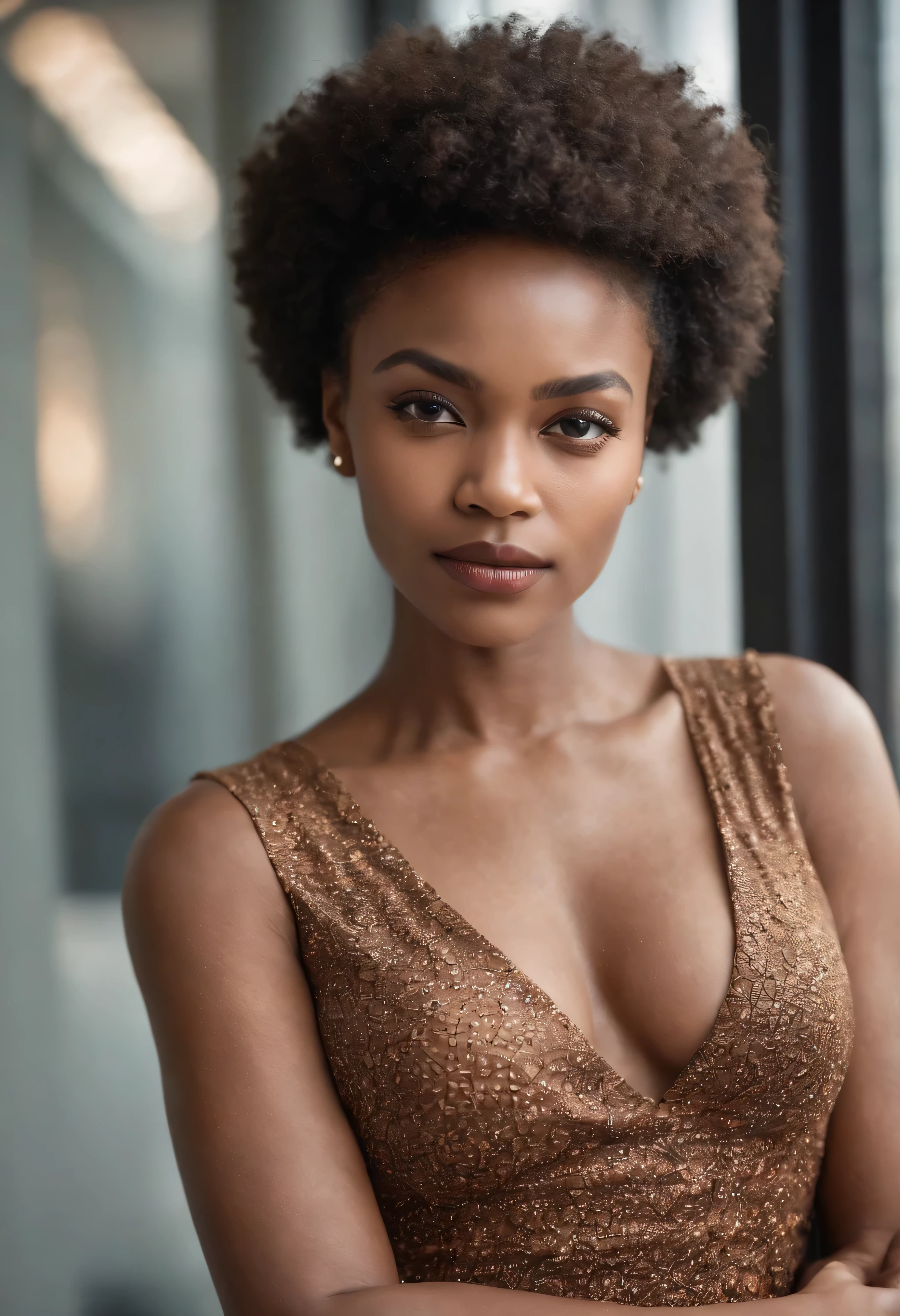 beautiful dark light skin woman with african afro hair style, Out-front photo of Influencer looking at the camera with hands crossed and folded in front of her, Barely any emotion. Looking straight onto the camera. Arms are crossed in front round rib cage, colourful dress, Setting In her Manufacturing office (with a heat press).