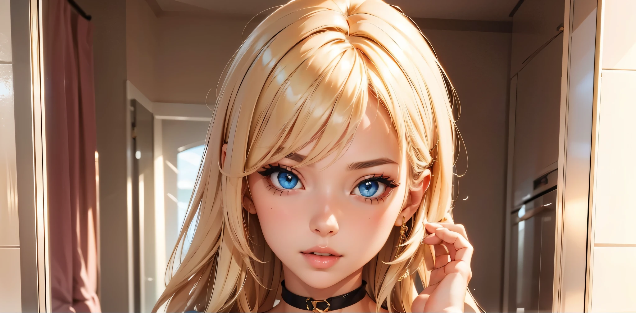 1girl, blonde hair, eyelashes, hair over one eye, blue eyes, big lips, ultra-detailed, high quality, highres, absurdres, best quality, best quality, long hair, bright pupils, pink lips, extremely detailed,