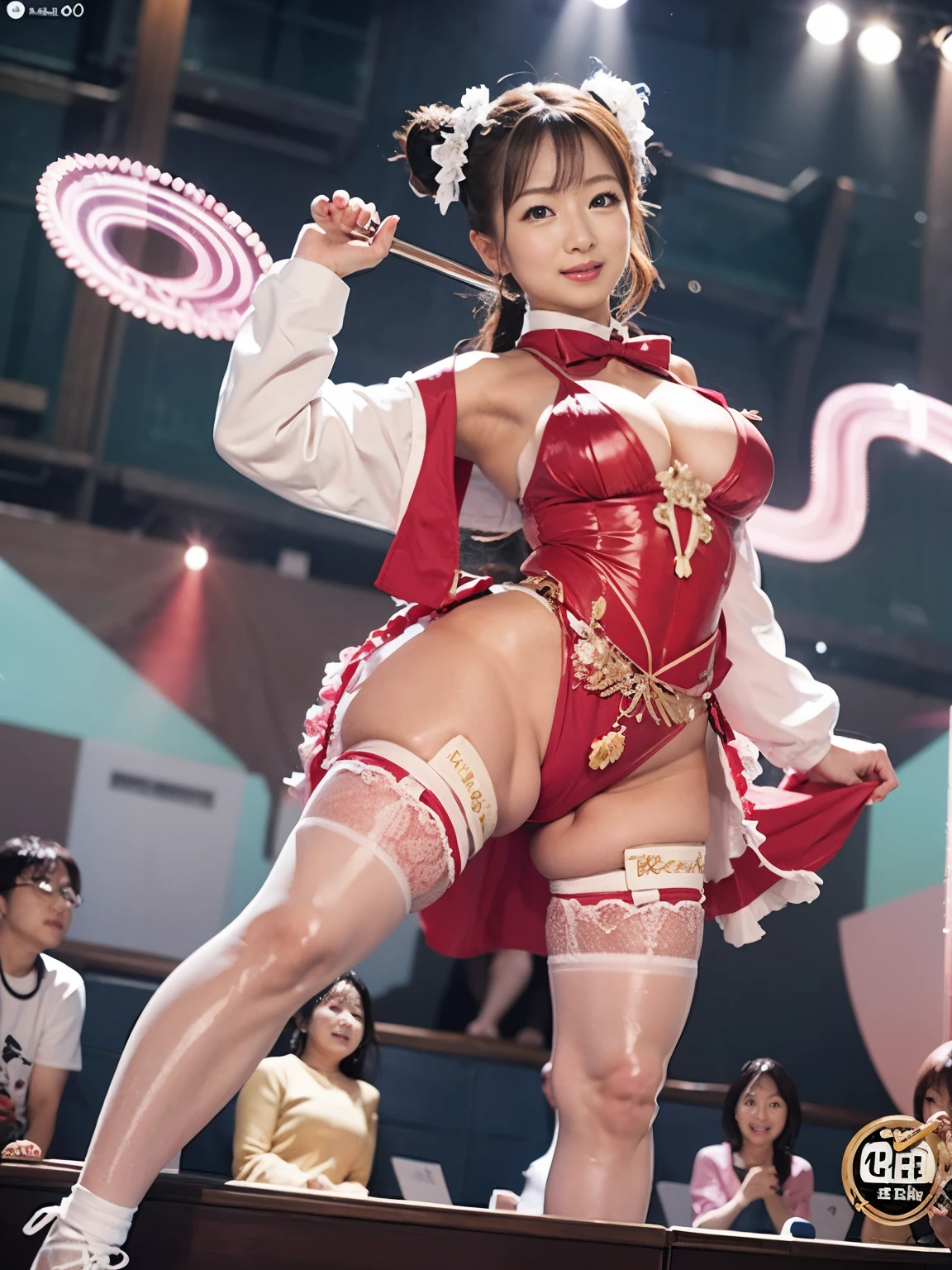 8K, highest quality, High resolution, realistic, real person, Live stage where a large audience gathers, one girl, young and cute korean idol, ((cane)), big, long and beautiful legs, smiling on stage々Dance hard in poses, hold the microphone, Showing off gorgeous costumes, beautiful light up