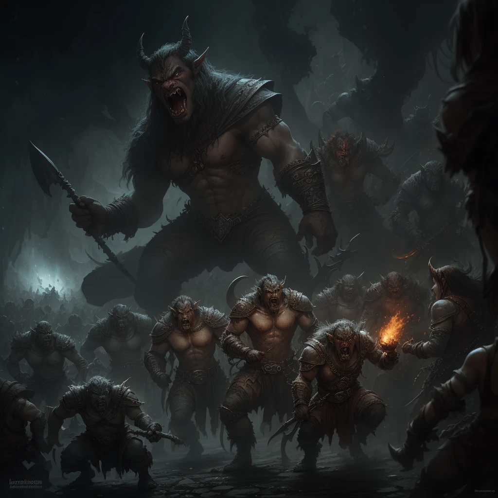 a crowd of orcs, which is rushing straight at us with a menacing battle cry, the style of Luis Royo, Luis Royo and the Greek Rutkowski, girls 
