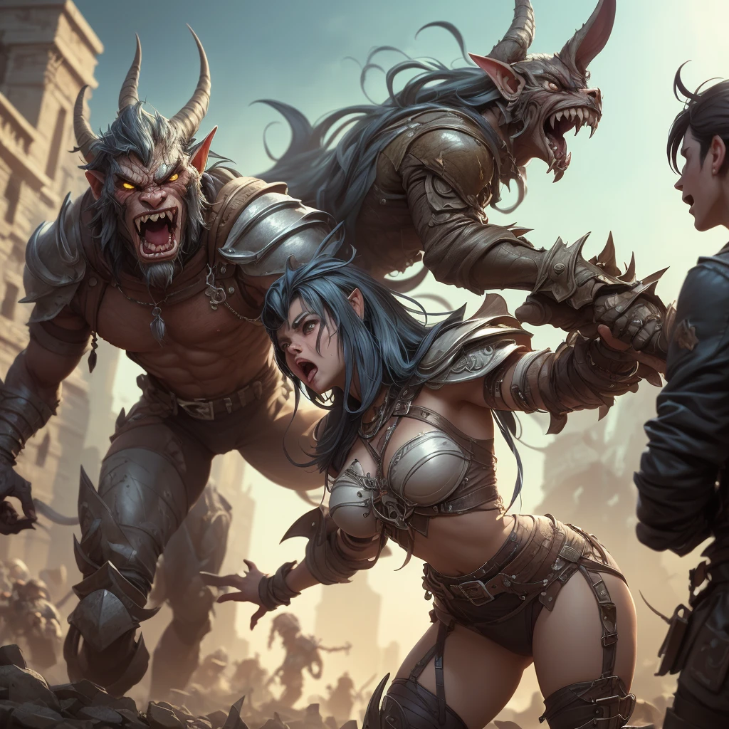 a crowd of orcs, which is rushing straight at us with a menacing battle cry, the style of Luis Royo, Luis Royo and the Greek Rutkowski, girls rape
