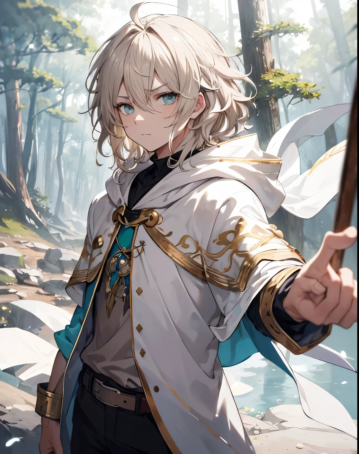 masterpiece, 1men, sparrow, a silver blonde haired men, wearing a medieval villager clothes, curly medium hair, messy hair, slim body, wearing golden capelet with white hoody, he close her left eye, shirt ornament, angry expression, aqua eyes, stand at forest, ahoge, he wearing her hoody,