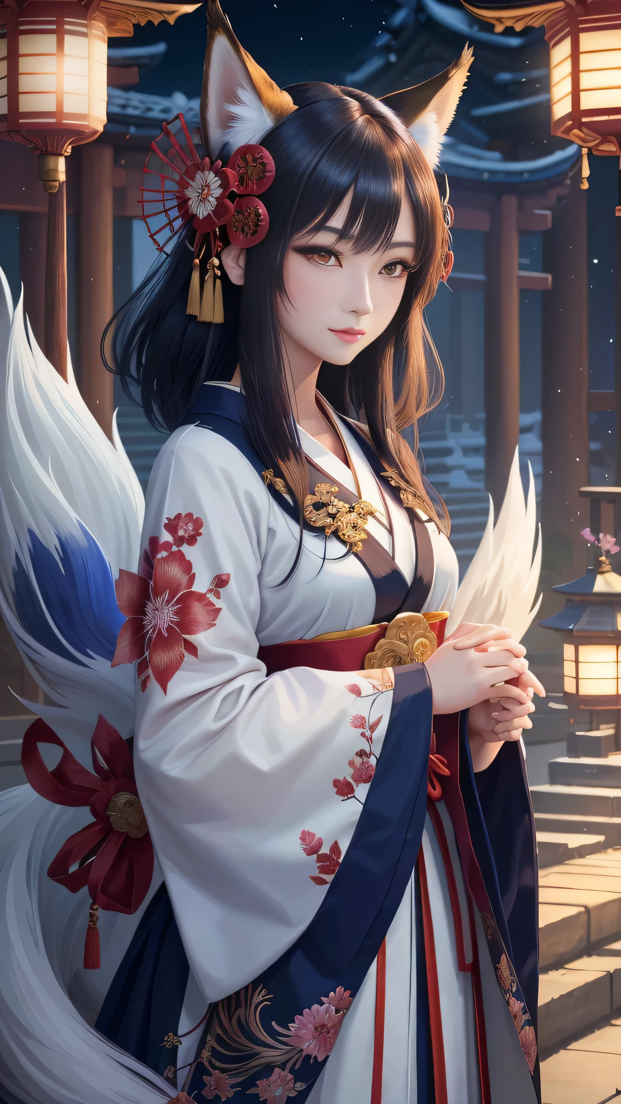 masterpiece , highest quality,close up of face,facing forward,whole body,Only one person,precision quality,beautiful short hair, masterpiece, japanese architectureの背景,beautiful details, colorful, delicate details, delicate lips, intricate details, genuine, ultrargenuineista, 枝に座っている色とりどりの髪のFoxを持つ女の子:mature, bright eyes, ,色とりどりのFox, Raposa the Nine Tails, 三尾Fox, 三尾Fox, Onmyoji detailed art, beautiful fine art illustration, mythical creatures, Fox, beautiful digital art,shrine maiden,japanese architecture,Holding hands,exquisite digital illustration, mizutsune, Inspired by mythical wild nest creatures, pixiv in digital art, dazzling light, high contrast, Mysterious,