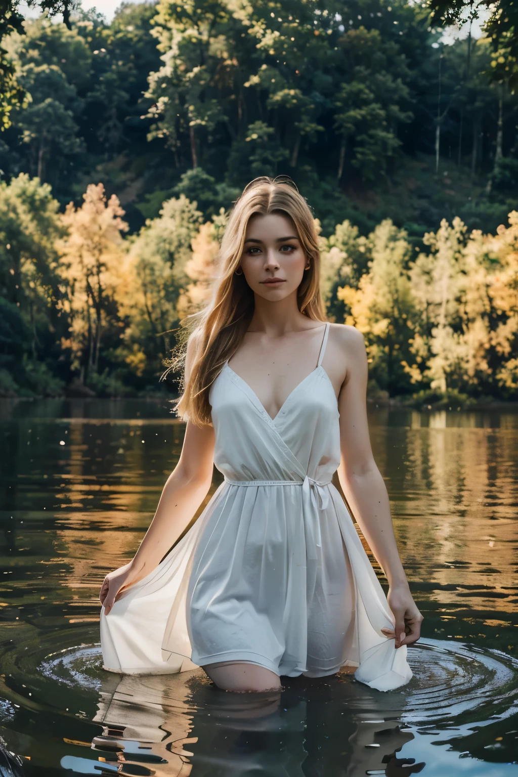 RAW, selfie photograph,((best quality)), ((masterpiece)), ((realistic)), gorgeous european woman, 24 year old, (long blonde hair), blue eyes, walking in a forest with a lake, during a beautiful sunset,soft lighting, serene atmosphere, nature, majestic trees, subtle breeze, lush greenery, tranquil water surface, evening sky with warm orange and pink hues, peaceful reflection on the lake, long flowing dress, graceful movement, innocent, (freckles:0.6), intricate details, highly detailed, sharp focus, professional, 4k, god rays, stunning blue eyes, delicate, innocent, highres, detailed facial features, high detail, sharp focus, smooth, aesthetic, extremely detailed, photo_\(ultra\), photorealistic, realistic, post-processing, max detail, roughness, real life, ultra realistic, photorealism, photography, 8k uhd, photography, SEMI-SILHOUETTE light, european face, instagram, viral instragram photo