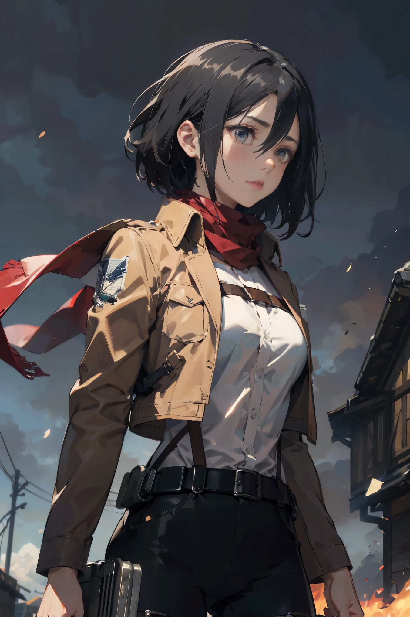 a 20 yo woman、Black-haired head hair、Bery short hair、dark themed、Muted Tones、Subdued Color、highly contrast、(natural skin textures、Hyper-Realism、Soft light、sharp)、aot style、Attack on Titan、Mikasa Ackerman、***1人、Three-dimensional maneuver gear、arm strap、bangss、A dark-haired、Black pants、breastsout、cowboy  shot、embers、verd s eyes、greybackground、Background of burnt fields、hairs between eyes、Harnes、long-sleeve、looking at viewert、middlebreasts、Underpants、red scarf、scarf、The shirt、short-hair、fumo、独奏、Thigh strap、Brown jacket、white  shirt、survey team\(emblem\)、((​masterpiece))、top-quality、battle posture, 天空,