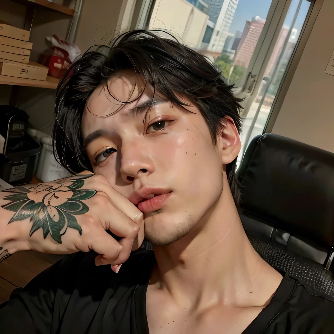 Man with a tattoo on his arm and a black shirt, Jungkook, homem sul-coreano, hyung tae, who is siwoo, Jungkook, Wonbin Lee, Hong Junho hyung, imagem de perfil, adorable and pale korean face, taken at the beginning of 2020, Seseon Yoon, hyung tae kim, Inspirado em Jeonseok Lee