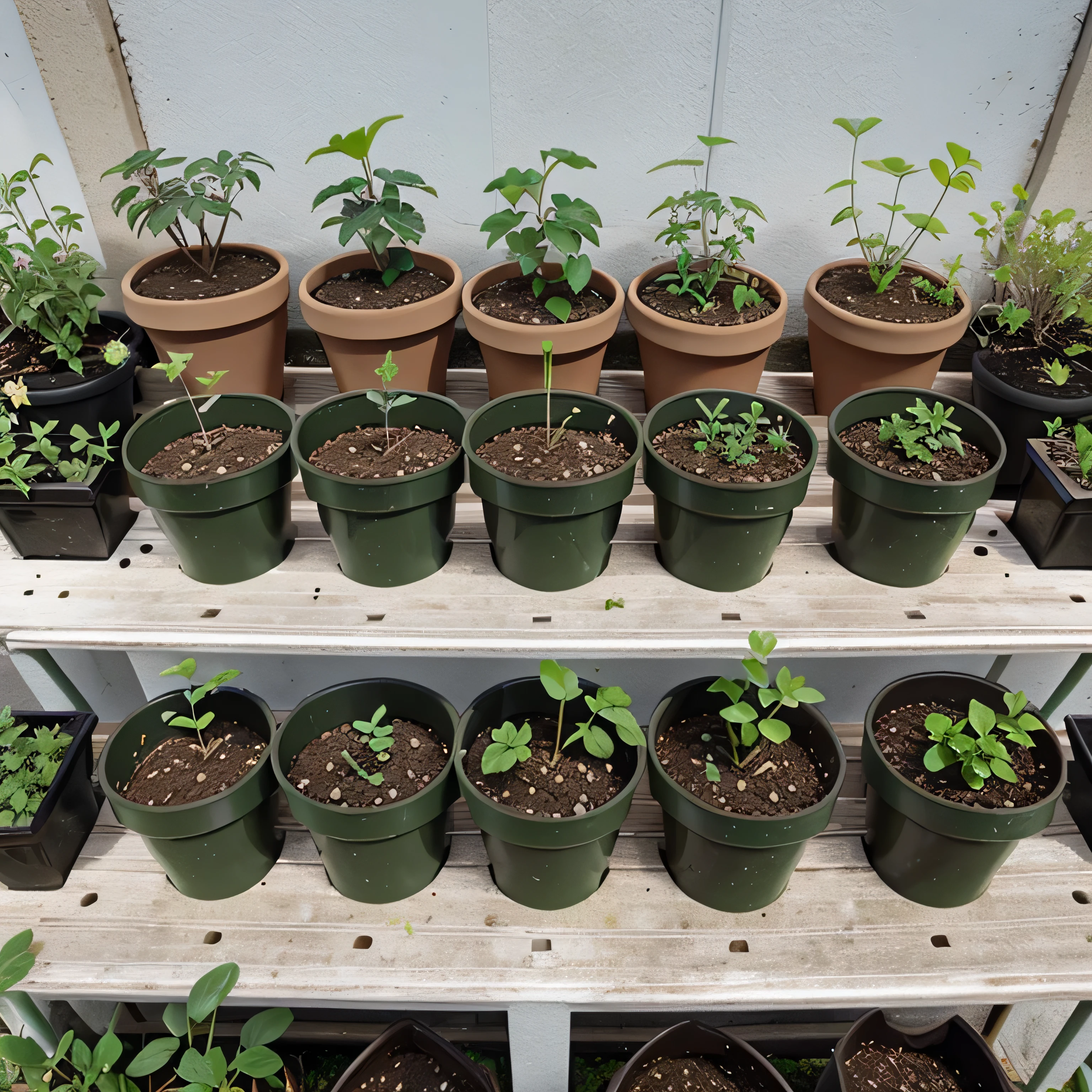 variety of flower seedlings in plastic plant pots with young green sprouts. garden and planting season top view