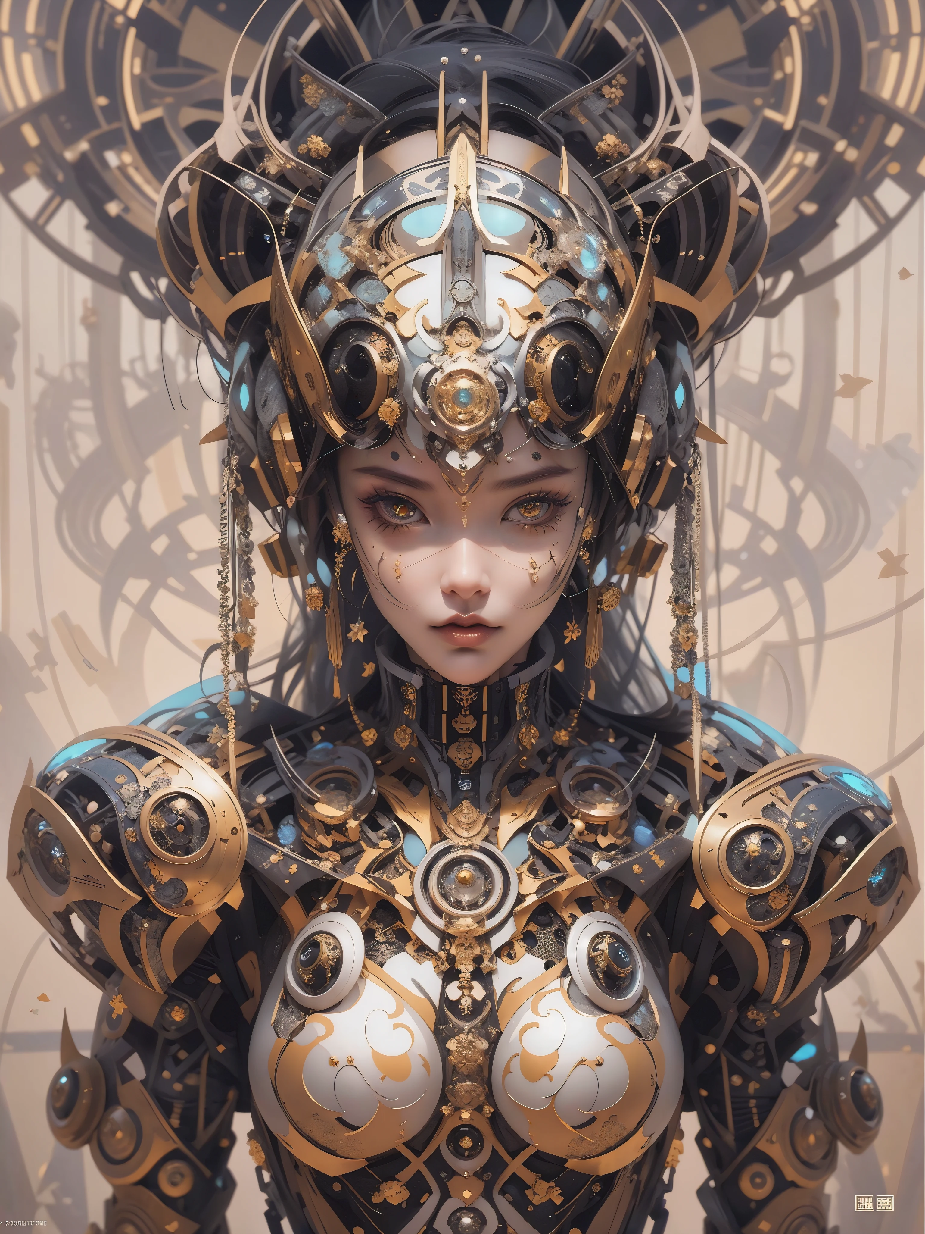 Craft a portrait of a futuristic girl warior, depicted in ultra-high resolution with a balance of light and shadow to create an impressive visual depth. The artwork should be gallery-quality, on par with masterpieces by renowned artists.
The girl warior is the epitome of Kimono style, with eyes that are central to the composition. Their cosmic, space-like qualities with uniquely colored sclera and nude skin, fractal designs suggest advanced technology or a futuristic leap in evolution. The intense and focused gaze should command immediate attention.
The girl face features subtle facial markings or tattoos that tell a story of bravery and valor. The armor showcases a cleavage design that blends futuristic aesthetics and functionality.
Include a detailed full-body close-up that accentuates the warrior girl futuristic nude attire, conveying readiness for an interstellar confrontation. The portrayal should be powerful and inspiring, signifying the warrior girl role as a pre-eminent warrior of future warfare