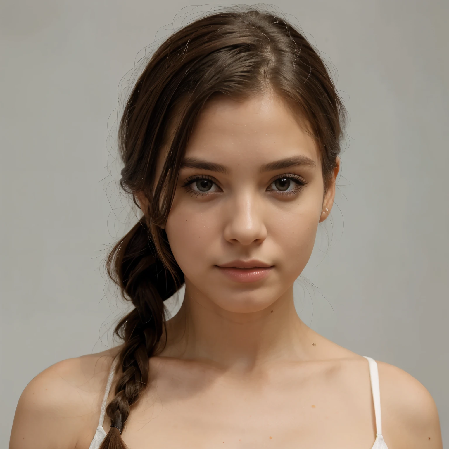 Mulher jovem de 21 anos, FULL BODY, cabelo castanhos longos exuberantes, liso e ondulados), expressivo, french braid, bridal hairstyle, White background