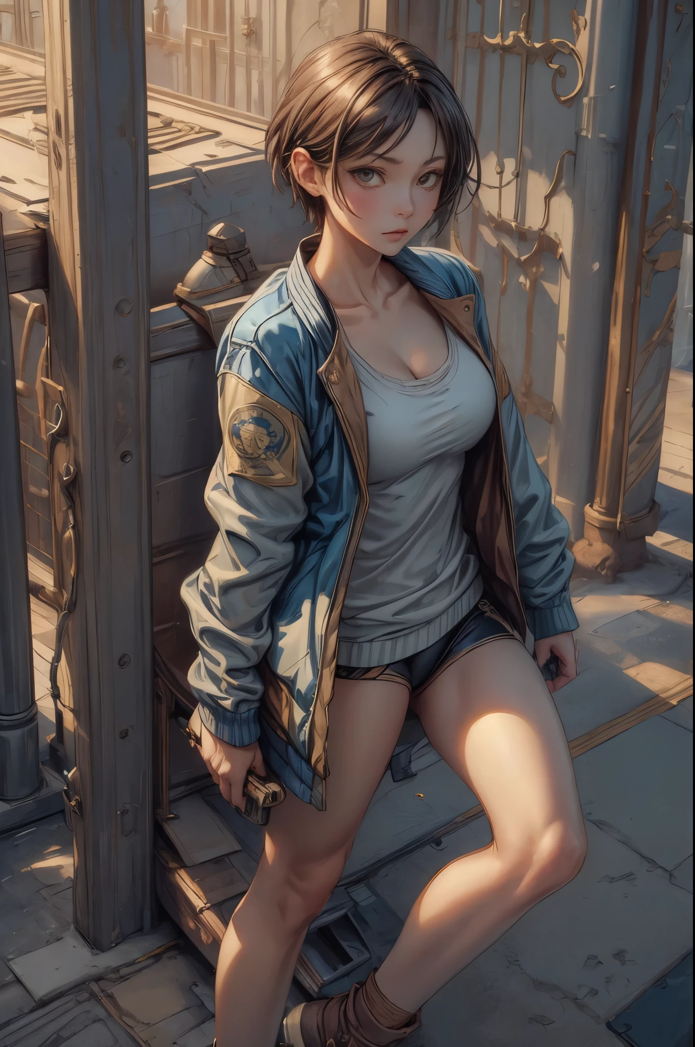 (((masterpiece))), Shizuka Mikazuki, 1 girl, alone, looking at the viewer, short hair, brown hair, long sleeve, cleavage, medium breasts, closed mouth, clavicle, Jacket, open clothes, open Jacket, blue Jacket, ground vehicle, play sports often, bicycle,