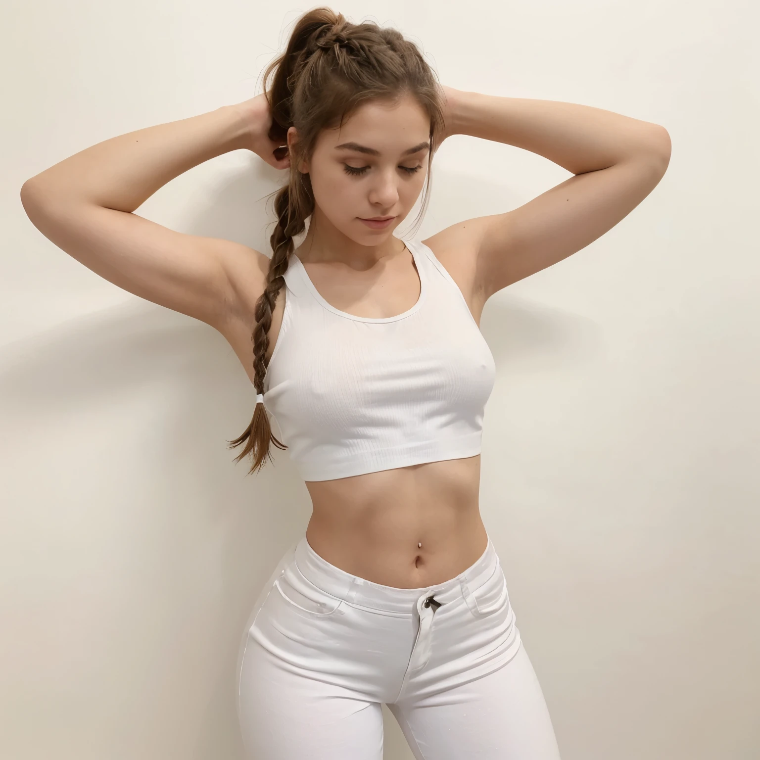 Mulher jovem de 21 anos, FULL BODY, cabelo castanhos longos exuberantes, liso e ondulados), expressivo, french braid, tank top,
White background