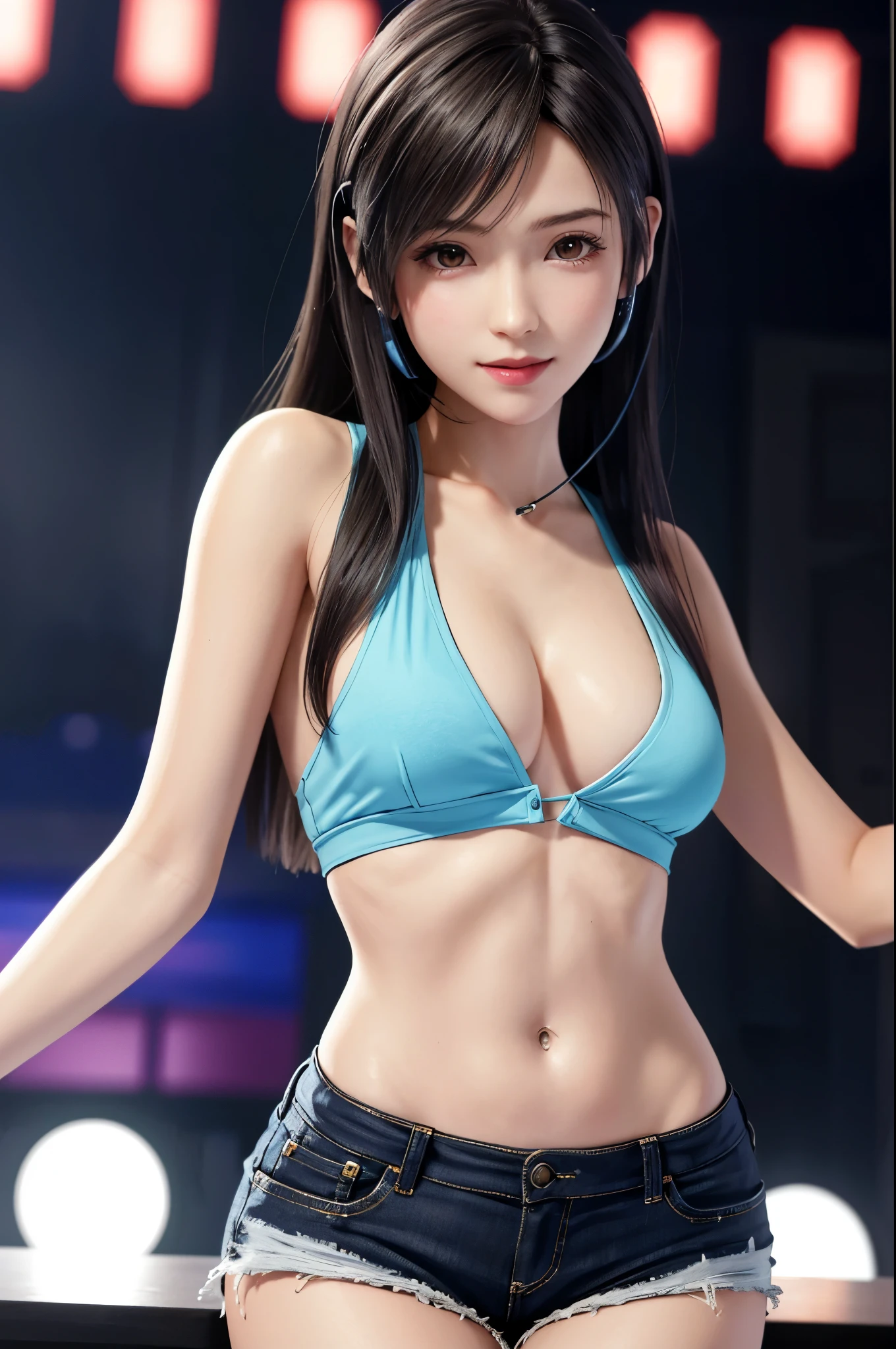 (Top Quality, Masterpiece: 1.1), (Realistic: 1.3), BREAK (((FF7,Tifa_lockhart))),Ultra-detailed face, Detailed eyes,(black Brown Hair, Large breasts: 1.2),(A dark, disco club,disc jockey,table:1.3), (crowd:1.2), BREAK (wearing micro shorts,low rise, tube top:1.5,glowing headphones),clothed,(No Bra) , (Small and beautiful hard nipple),(shiny oiled skin: 1.1), about 18 years old, BREAK ,excite in dance:1.3,smile,kawaii,zettai_ryouiki:1.1,
