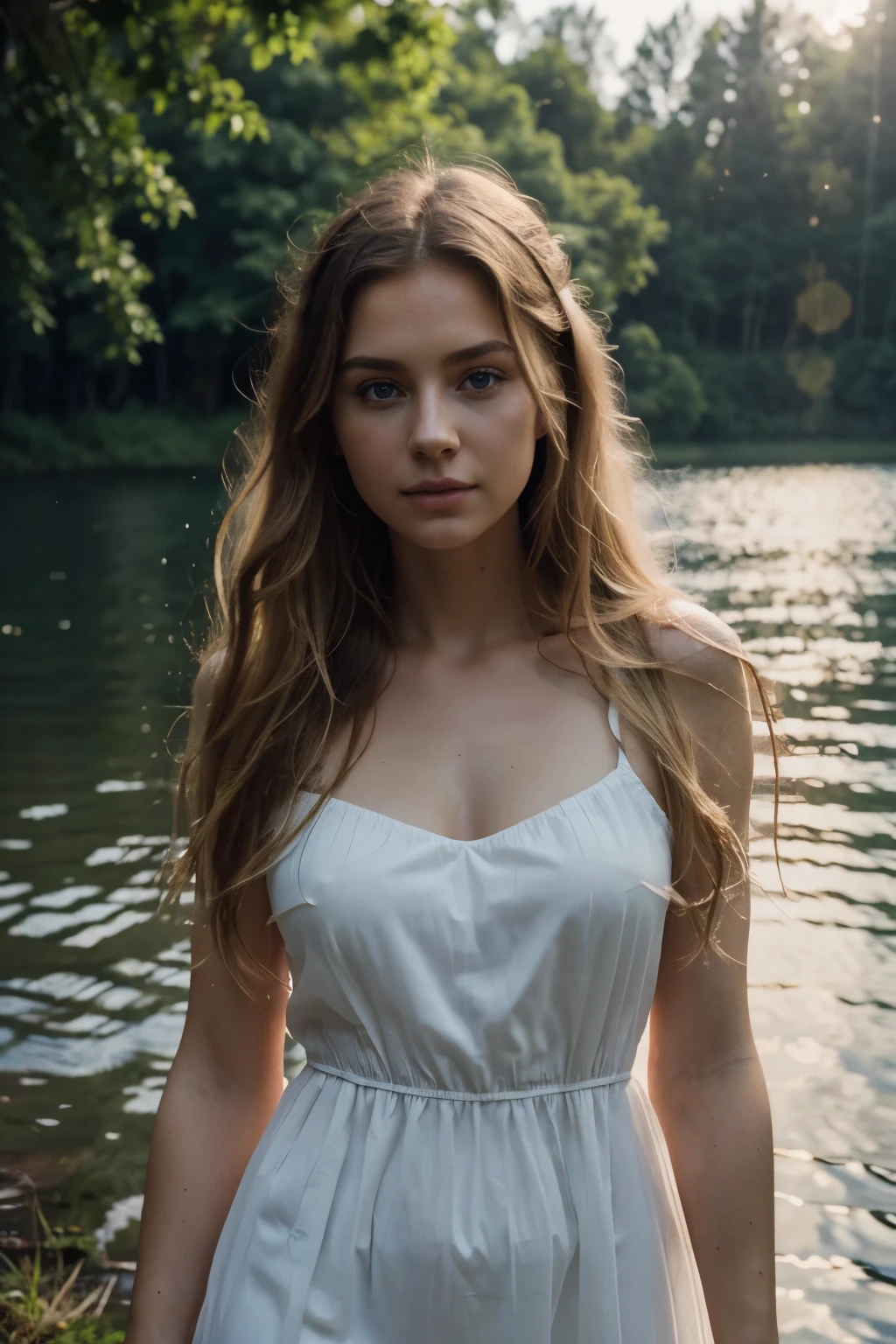 RAW, photograph,((best quality)), ((masterpiece)), ((realistic)), gorgeous european woman, 24 year old, (long blonde hair), blue eyes, walking in a forest with a lake, during a beautiful sunset,soft lighting, serene atmosphere, nature, majestic trees, subtle breeze, lush greenery, tranquil water surface, evening sky with warm orange and pink hues, peaceful reflection on the lake, long flowing dress, graceful movement, innocent, (freckles:0.6), intricate details, highly detailed, sharp focus, professional, 4k, god rays, stunning blue eyes, delicate, innocent, highres, detailed facial features, high detail, sharp focus, smooth, aesthetic, extremely detailed, photo_\(ultra\), photorealistic, realistic, post-processing, max detail, roughness, real life, ultra realistic, photorealism, photography, 8k uhd, photography, SEMI-SILHOUETTE light, european face, instagram, viral instragram photo