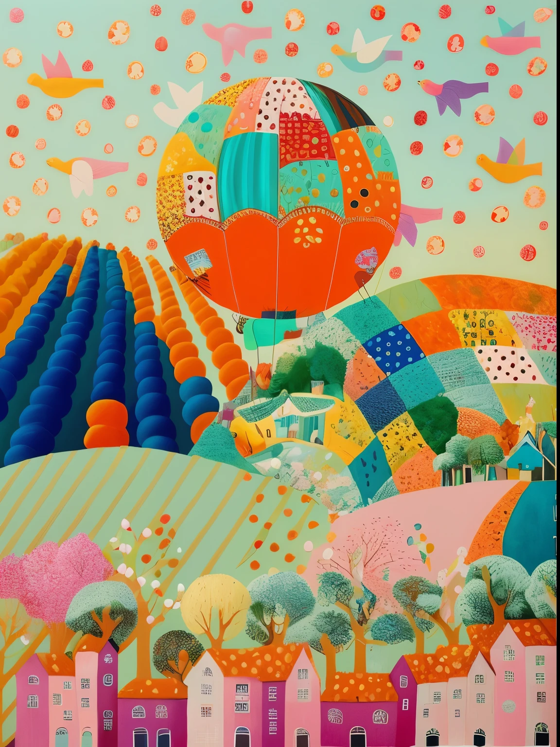 painting of a colorful city with a balão de ar quente flying over it, como um balão de ar, arte ingênua, Direção: Camille Bombois, arte caprichosa, arte de paisagem de fantasia extravagante, Direção: Miwa Komatsu, balão de ar quente, balão de ar quentes, por Chiho Aoshima, Jane Newland, por Yanagawa Nobusada, inspirado em Grayson Perry