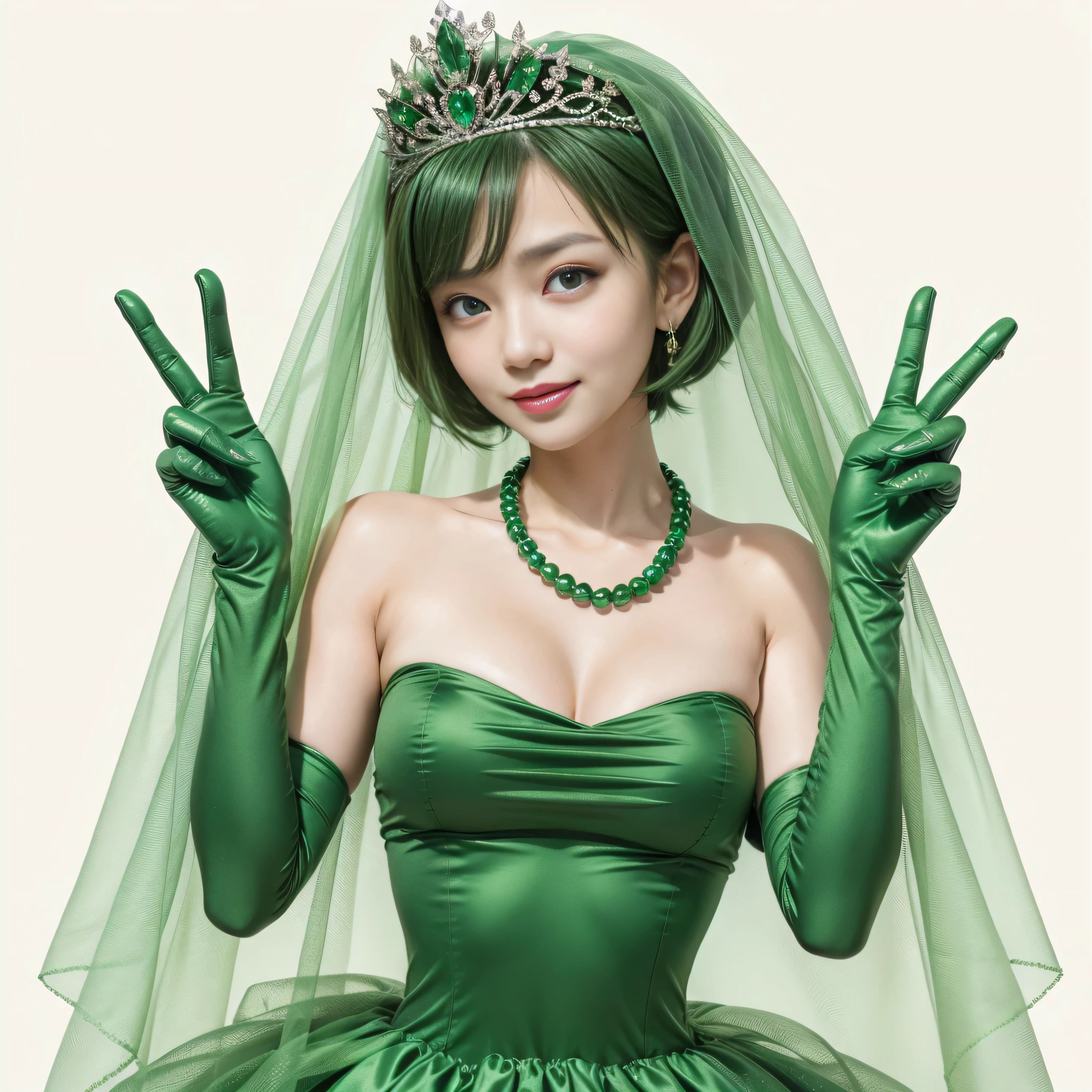 emerald tiara, green pearl necklace, boyish very short green hair, lipstick, smiling Japanese woman, very short hair, beautiful, green eyes, Long Green Satin Gloves, green eyes, V sign, emerald earrings, green veil, green lip gloss