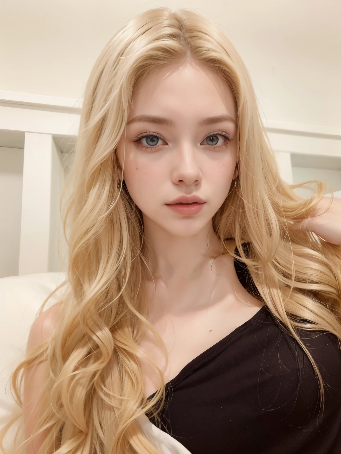 Mujer de cabello rubio con cabello largo posando para una foto., pale skin curly blonde hair, very very pale blonde hair, extremely pale blonde hair, pelo largo y rubio y ojos grandes, pelo largo y rubio y ojos grandes, con pelo largo y rubio, Cabello rubio rizado muy, muy largo, (12x) extremely pale white skin, pale ivory skin, amoranto