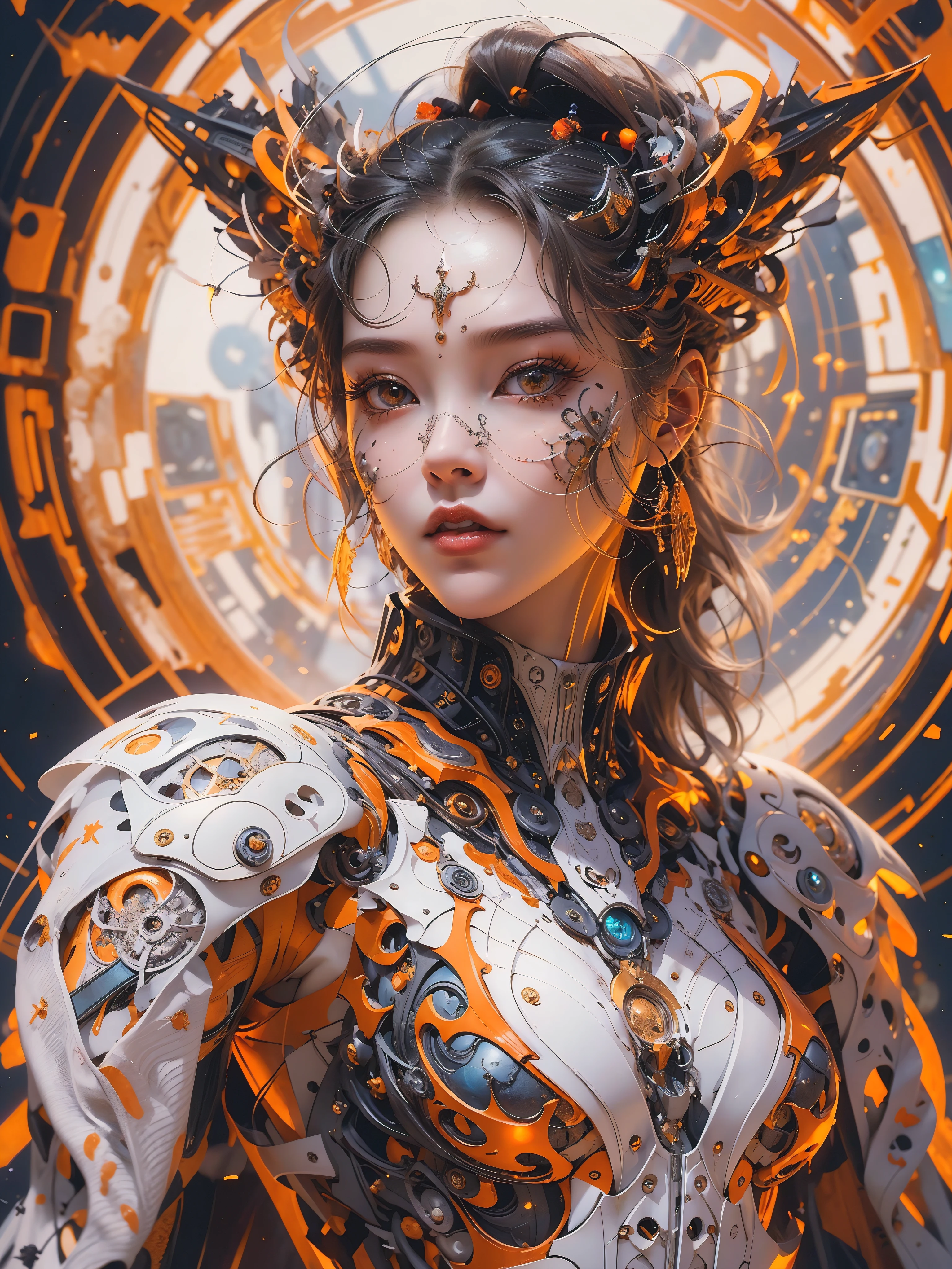 Craft a portrait of a futuristic girl warior, depicted in ultra-high resolution with a balance of light and shadow to create an impressive visual depth. The artwork should be gallery-quality, on par with masterpieces by renowned artists.
Cyberpunk warrior, red white and orange is dominant color.
The girl warior is the epitome of Kimono style, with eyes that are central to the composition. Their cosmic, space-like qualities with uniquely colored sclera and youth style, fractal designs suggest advanced technology or a futuristic leap in evolution. The intense and focused gaze should command immediate attention.
The girl face features subtle facial markings or tattoos that tell a story of bravery and valor. The tattoo showcases a cleavage design that blends futuristic aesthetics and functionality.
Include a detailed full-body close-up that accentuates the warrior girl futuristic nude attire, conveying readiness for an interstellar confrontation. The portrayal should be powerful and inspiring, signifying the warrior girl role as a pre-eminent warrior of future warfare