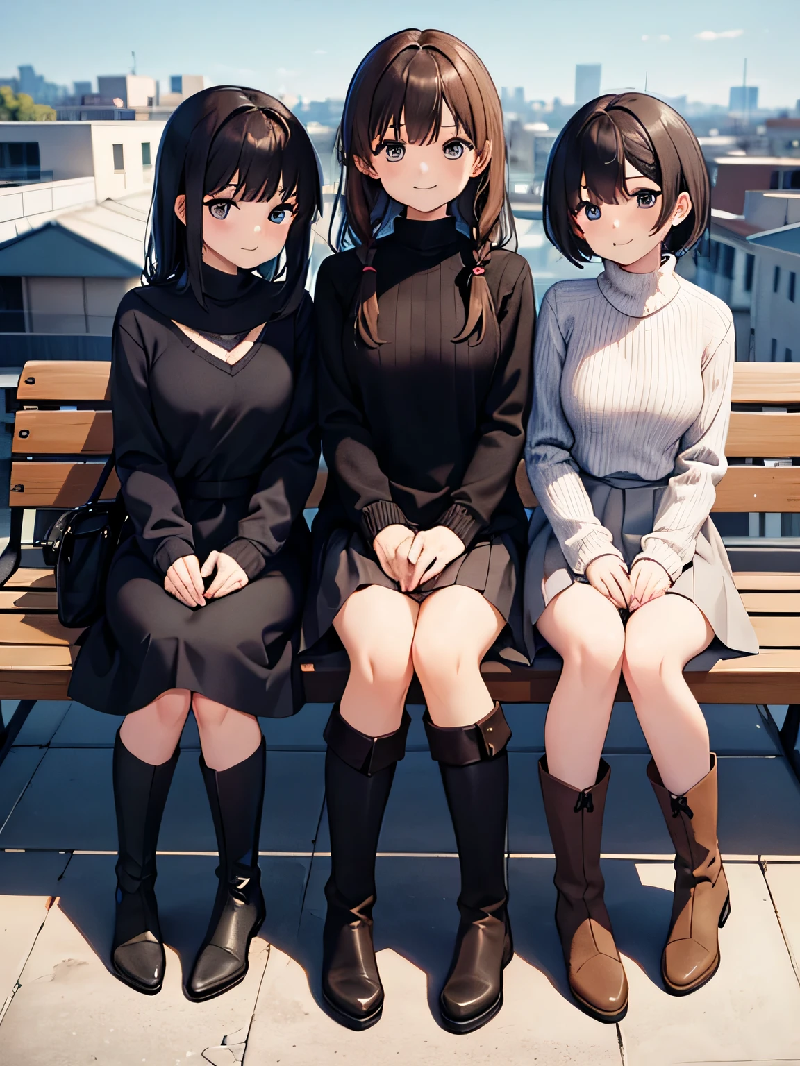 (1) three women sitting side by side on a sofa.
(2) The first woman has medium brown hair.、I&#39;m wearing a V-neck knit。, Mini skirt and long boots.
(3) The second woman has short black hair.、She is wearing a turtleneck knit dress and long boots.。.
(4) The third woman has long black hair.、I&#39;m wearing a turtleneck knit dress。, long skirt, and short boots.
(5) All three are smiling.
(6) The location is a bench on the roof of a building..