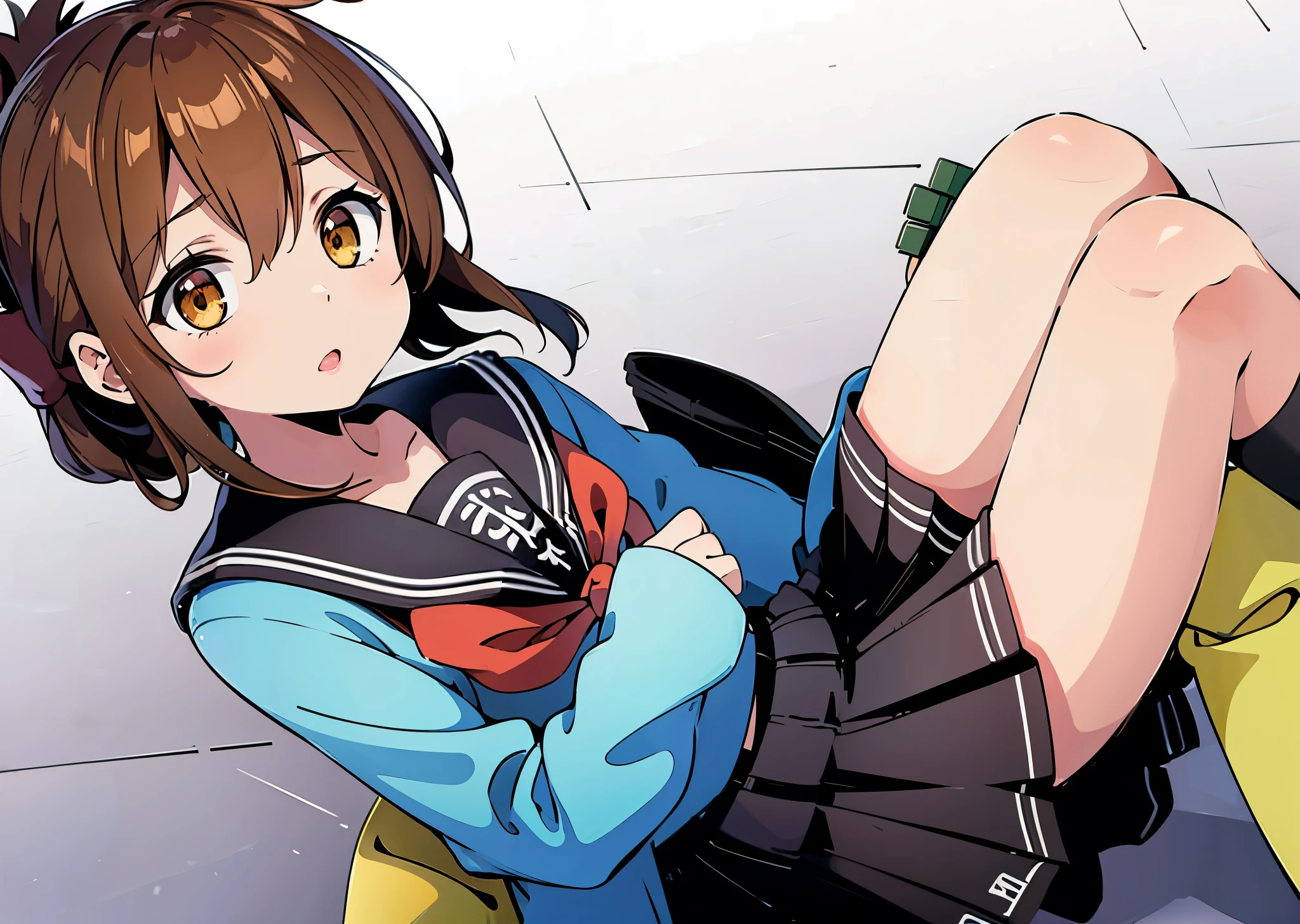 (masterpiece, best quality:1.2),illustration,8k,hd,1girl,solo,upper body,(portrait:1.2),brown_hair,folded_ponytail,brown_eyes,serafuku,long_hair,school_uniform,skirt,pleated_skirt,