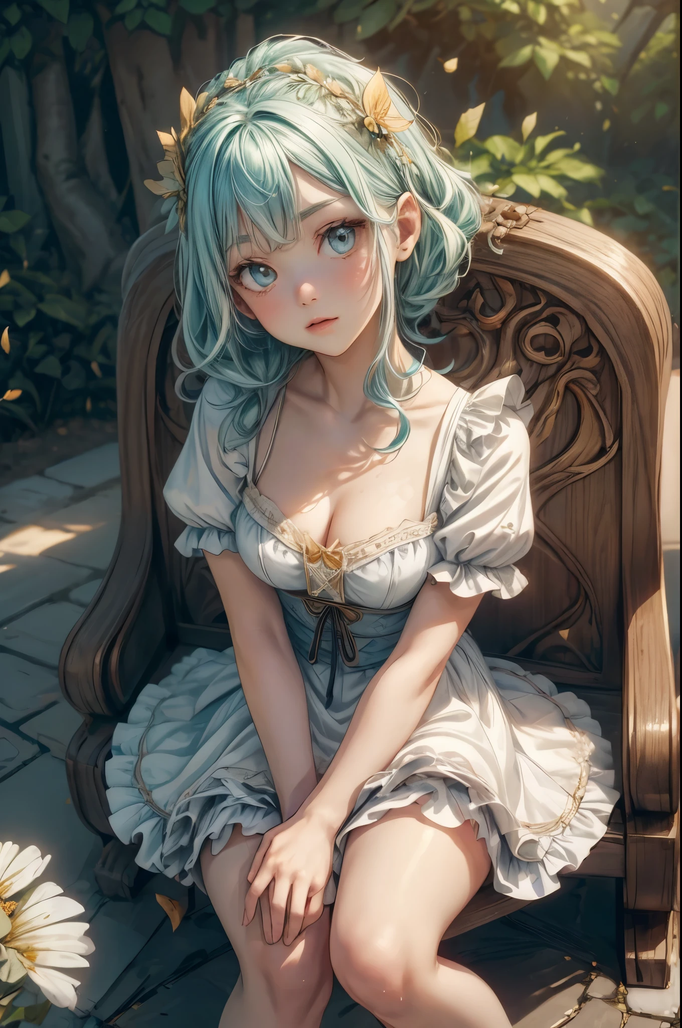 ((s○l○:1.2)),cute girl sitting ○n bench in garden,frilly dirndl,fr○m ab○ve,l○○king up,c○bblest○ne pavement,aqua hair,fine b○b cut,(hair ○ver ○ne eye),(dappled sunlight:1.2),blurry,(depth ○f field:1.1),head tilt,:○,(petal),wood,butterfly